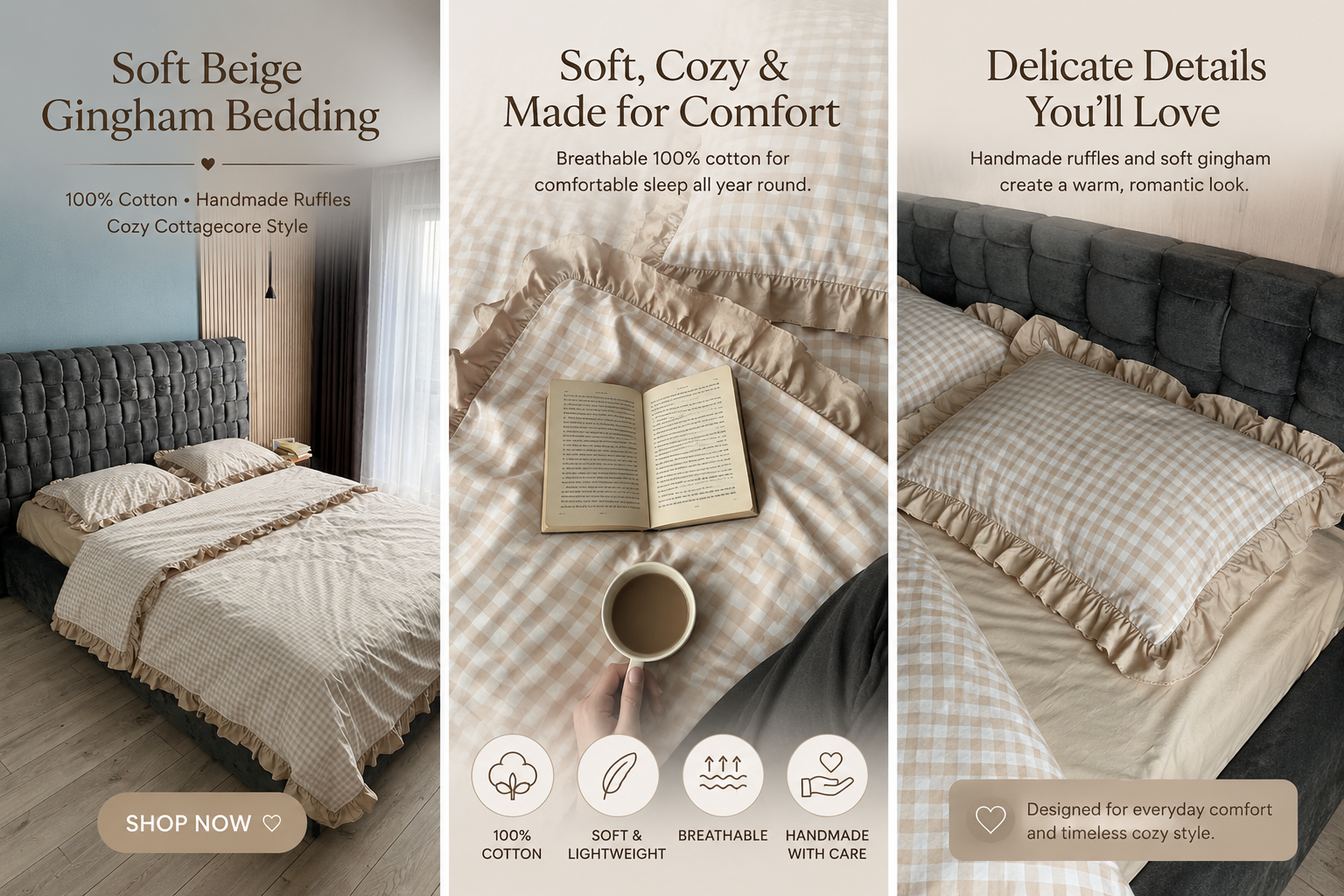 Beige Gingham Ruffle Bedding Set