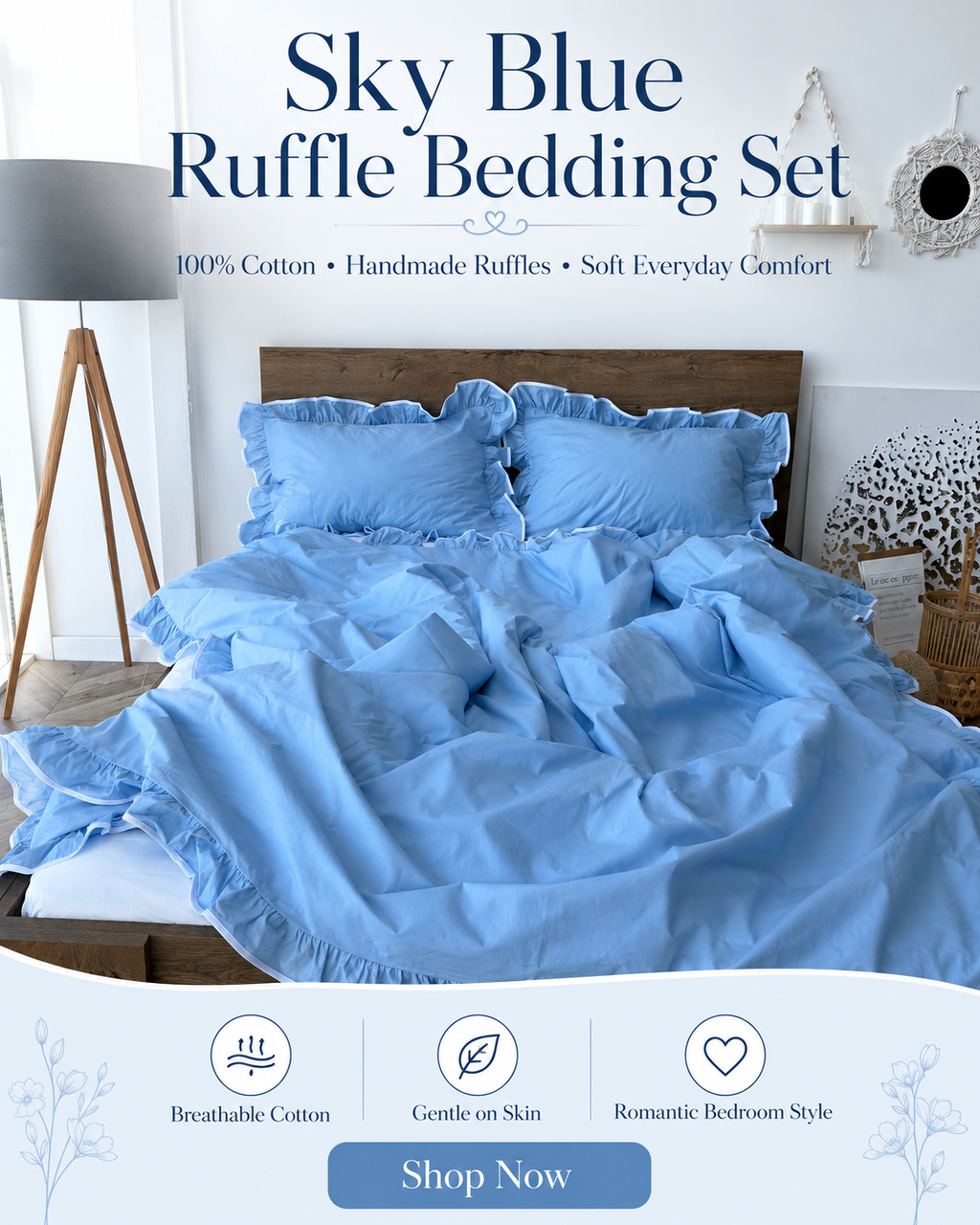Sky Blue Ruffle Cotton Bedding Set