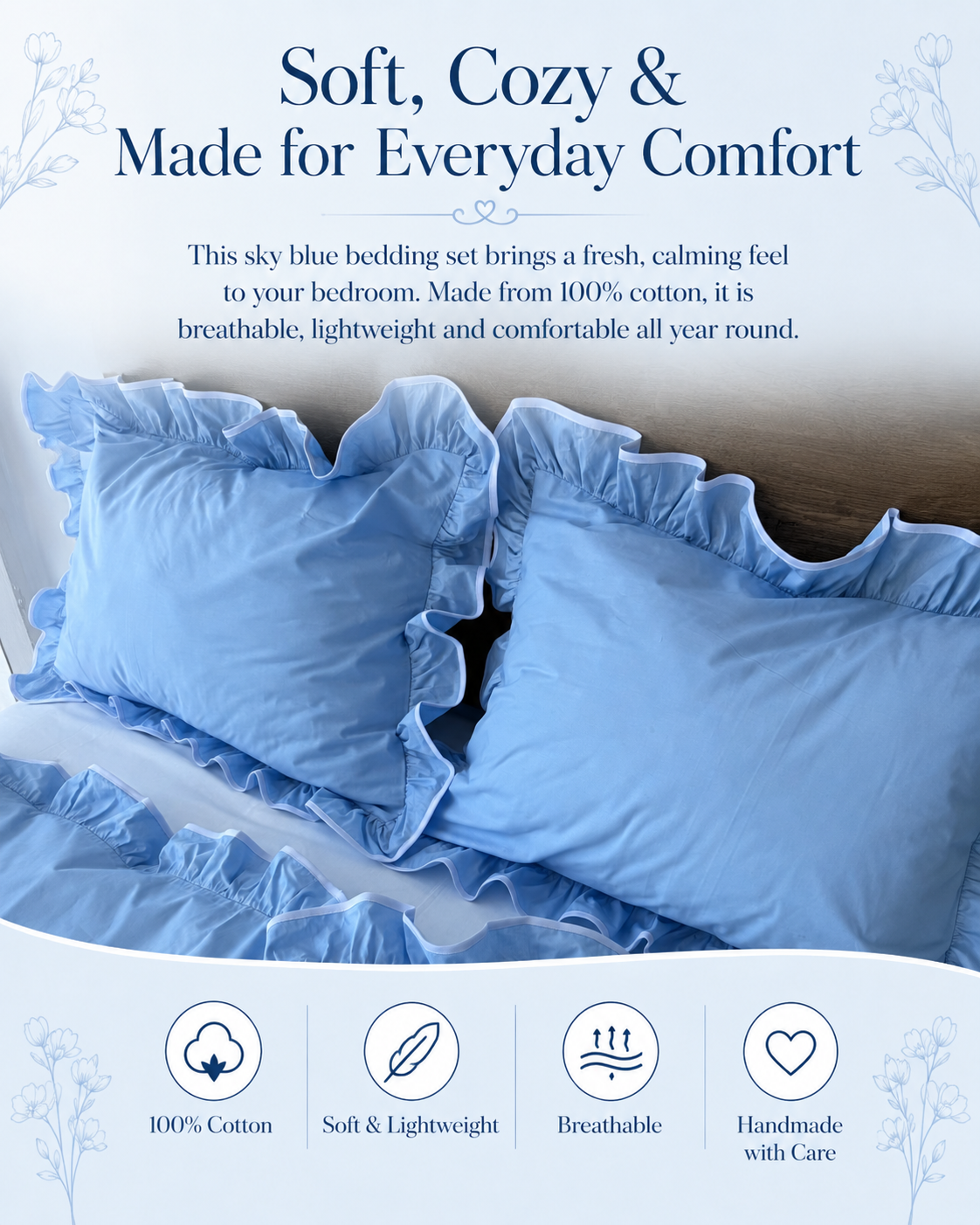Sky Blue Ruffle Cotton Bedding Set