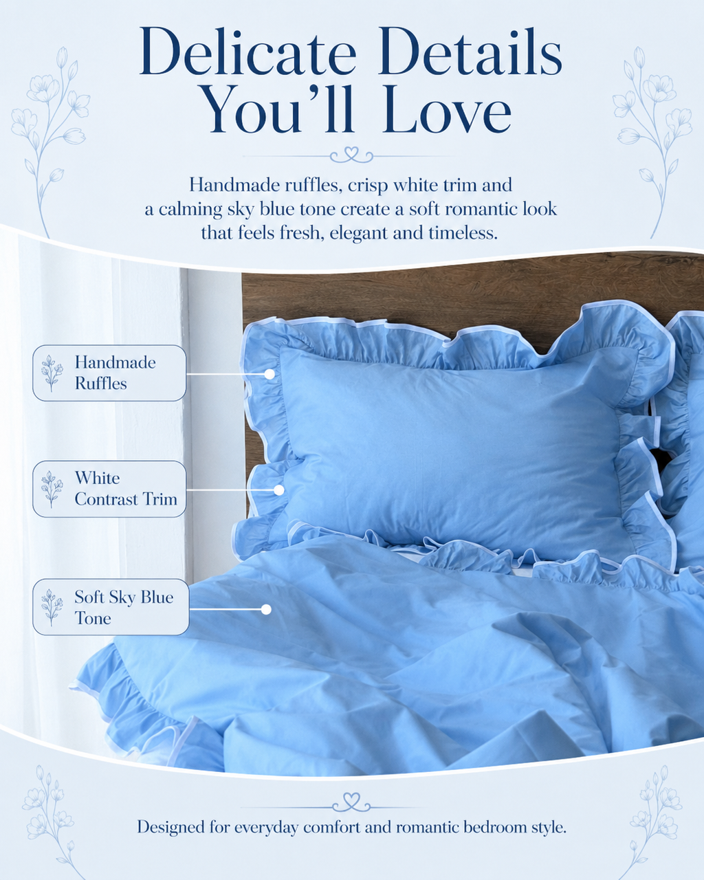 Sky Blue Ruffle Cotton Bedding Set
