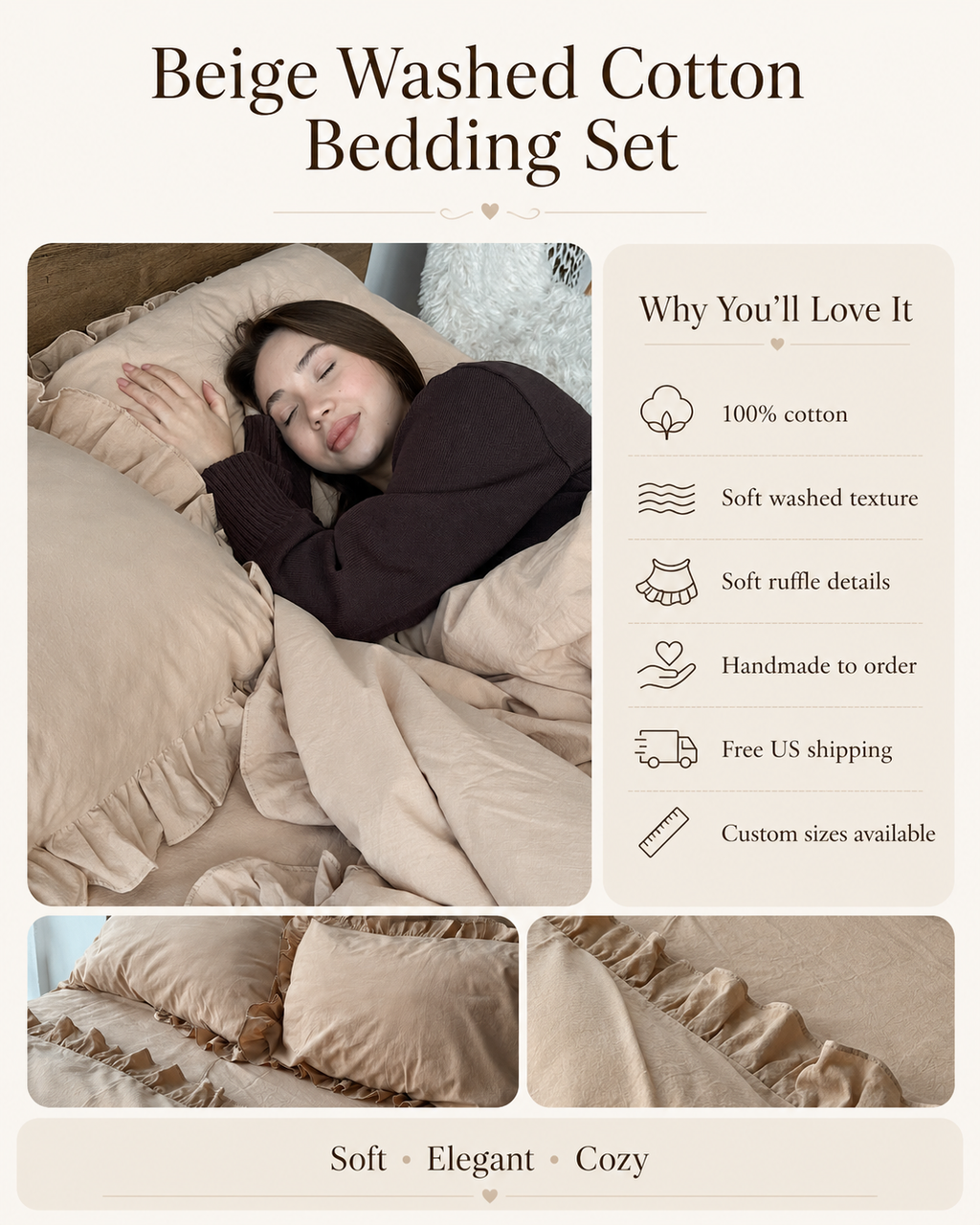 Beige Washed Cotton Ruffle Bedding Set