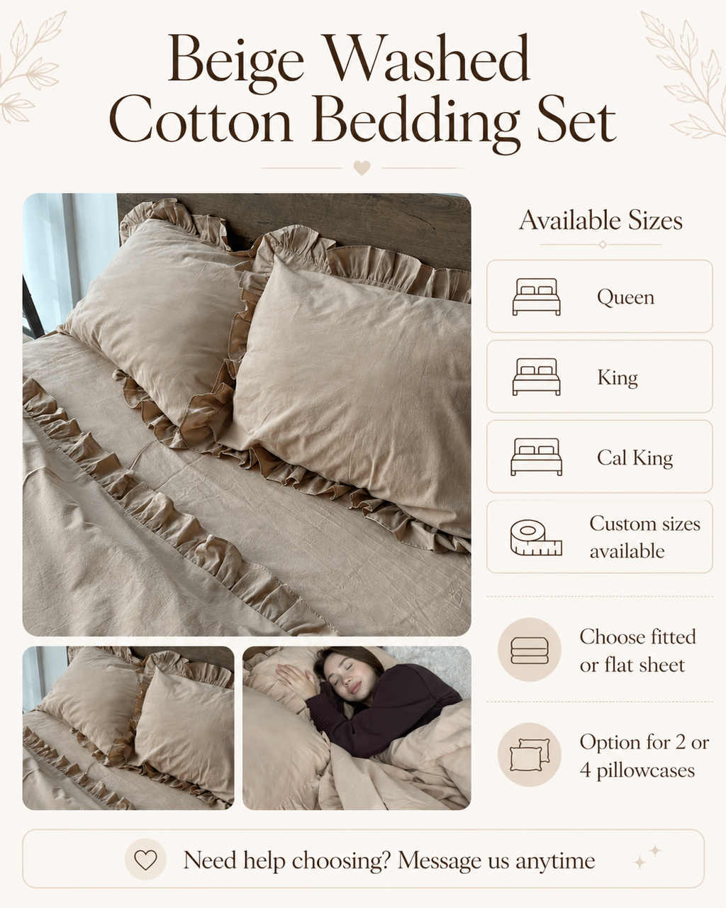 Beige Washed Cotton Ruffle Bedding Set