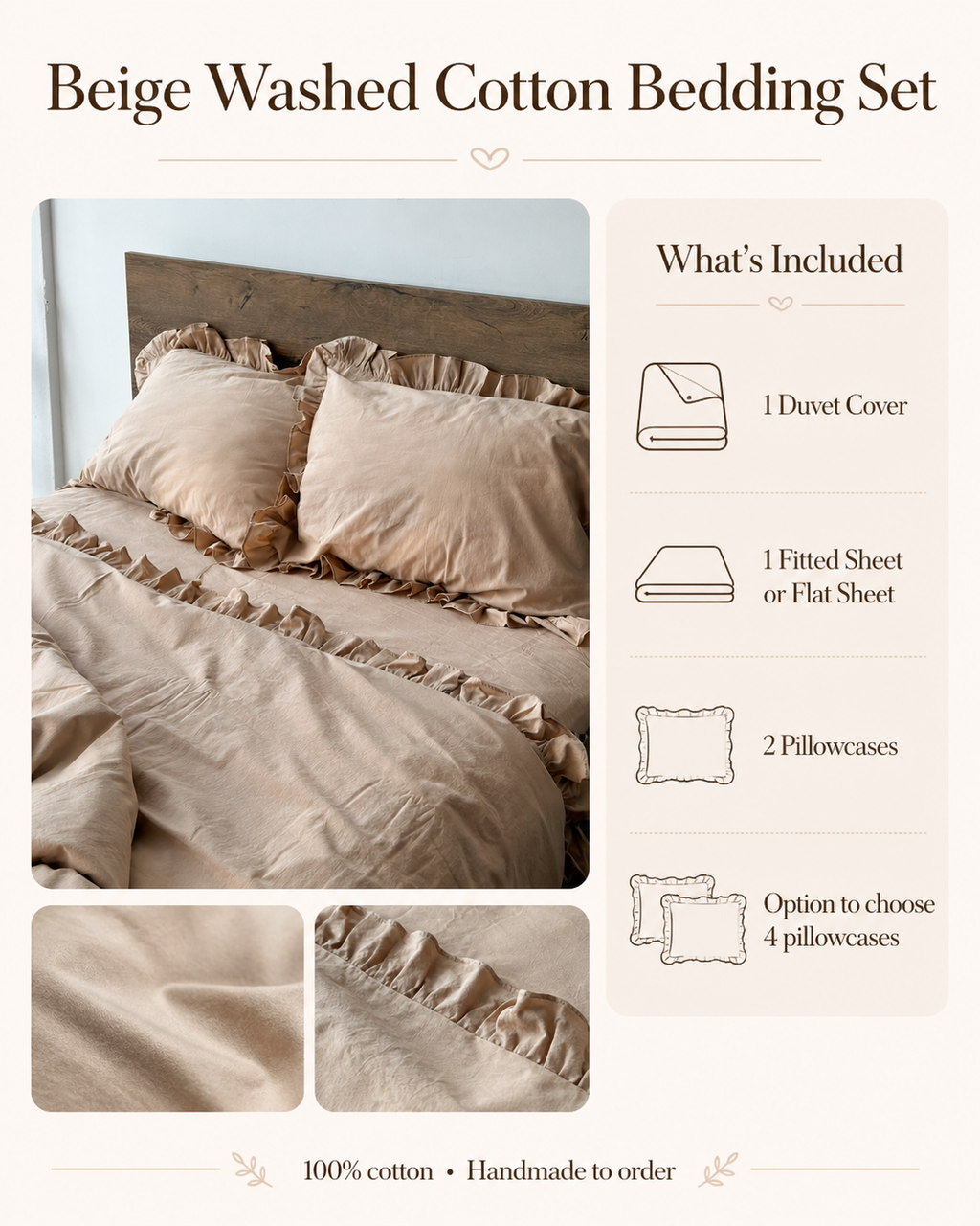 Beige Washed Cotton Ruffle Bedding Set