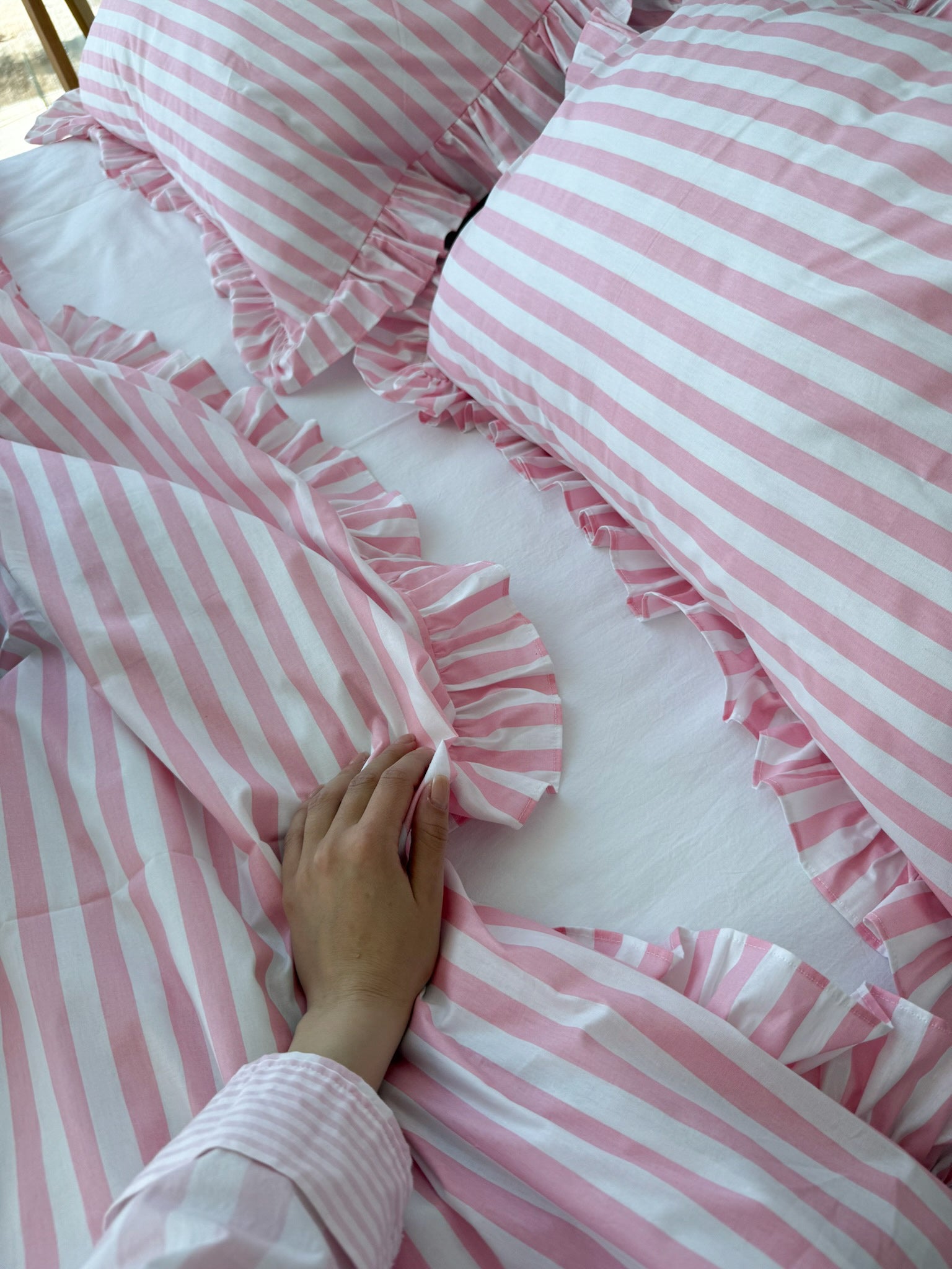 Pink Striped Ruffle Bedding Set