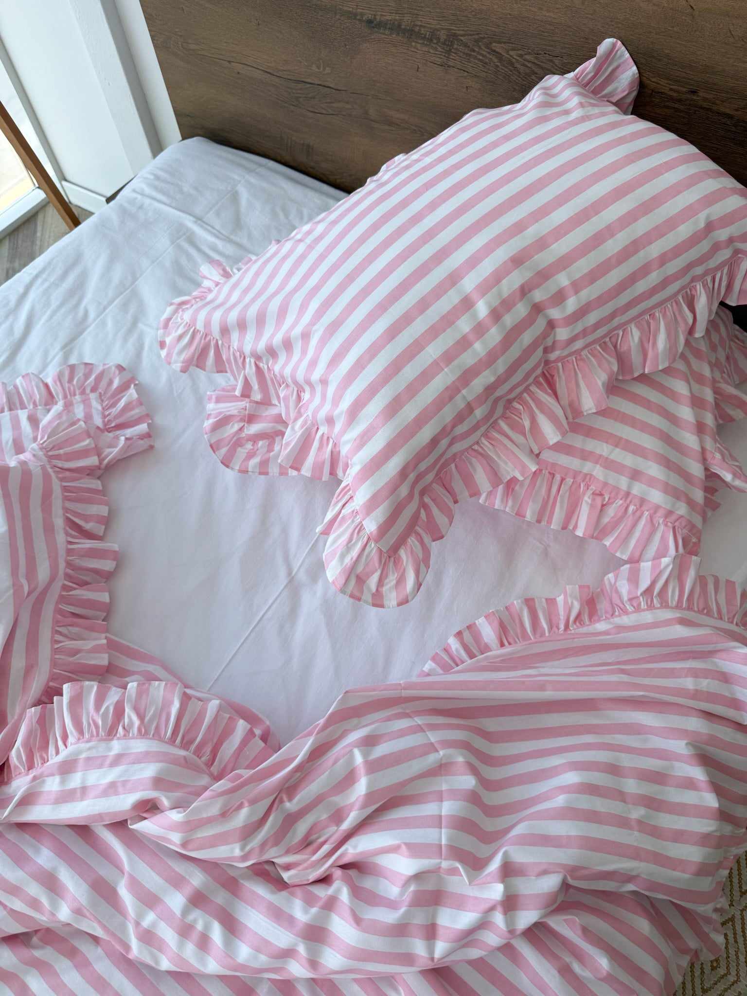 Pink Striped Ruffle Bedding Set