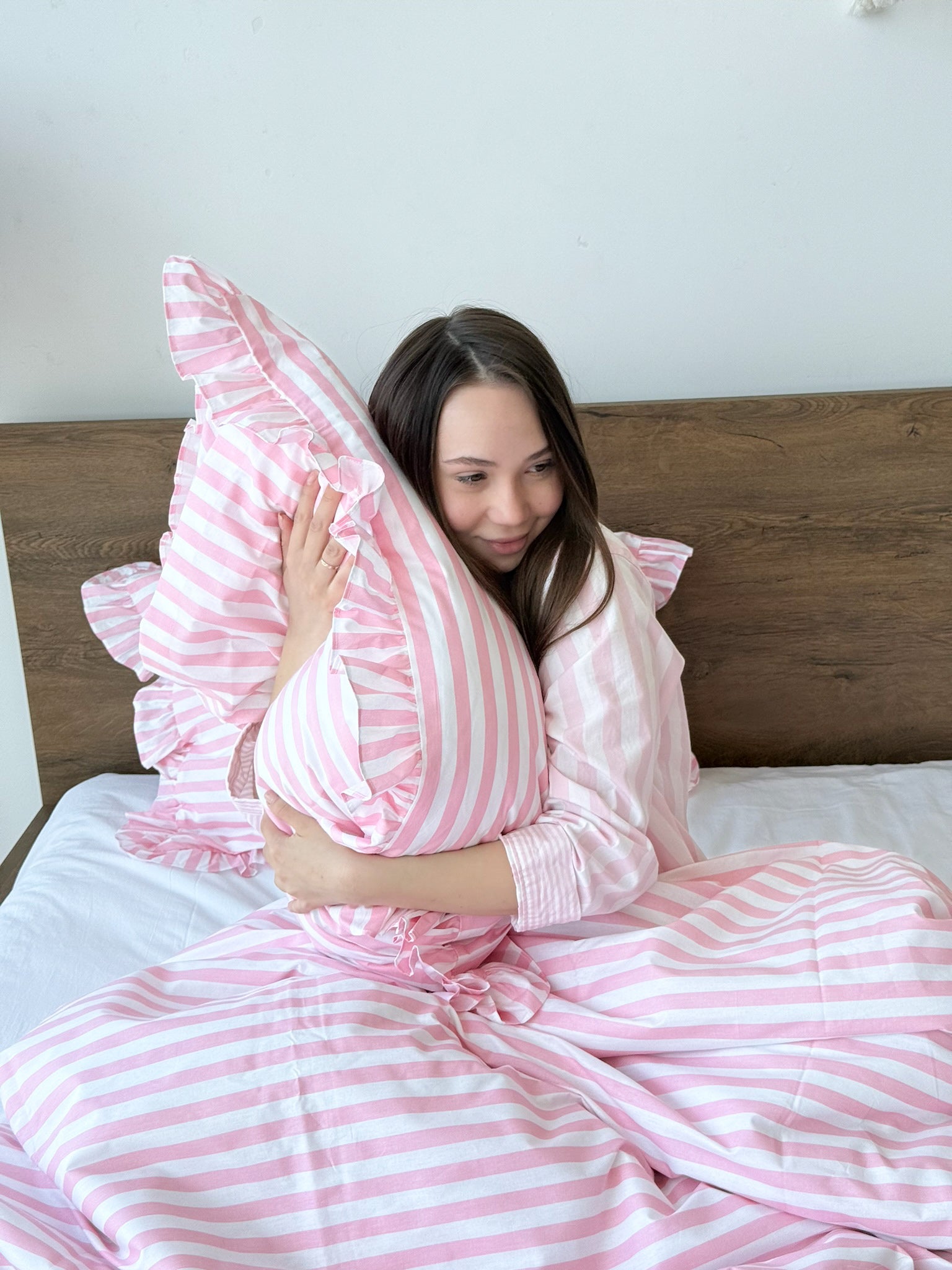 Pink Striped Ruffle Bedding Set