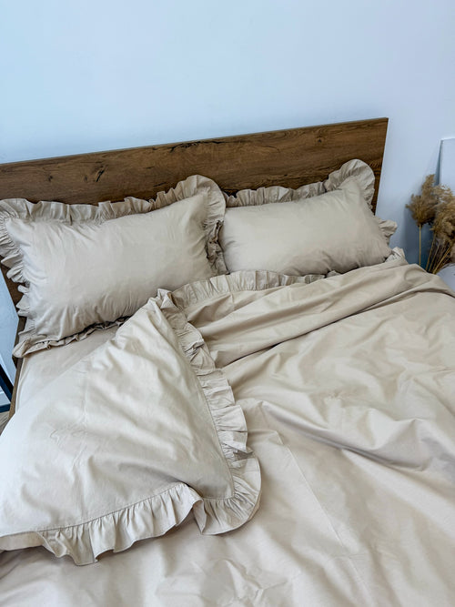Beige Cotton Ranforce Ruffle Bedding Set