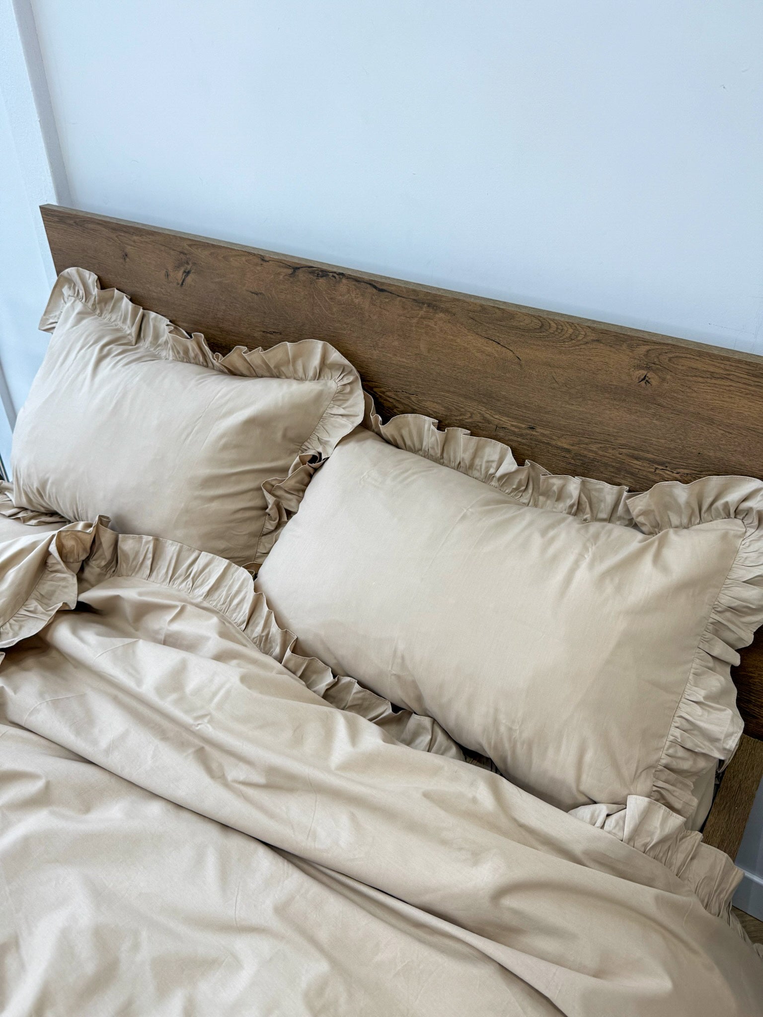 Beige Cotton Ranforce Ruffle Bedding Set