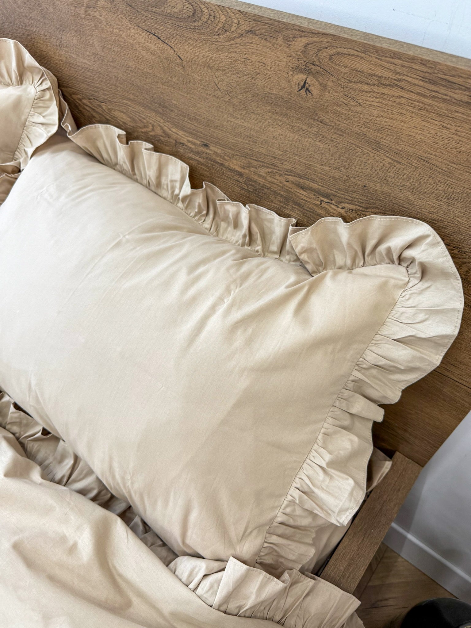 Beige Cotton Ranforce Ruffle Bedding Set