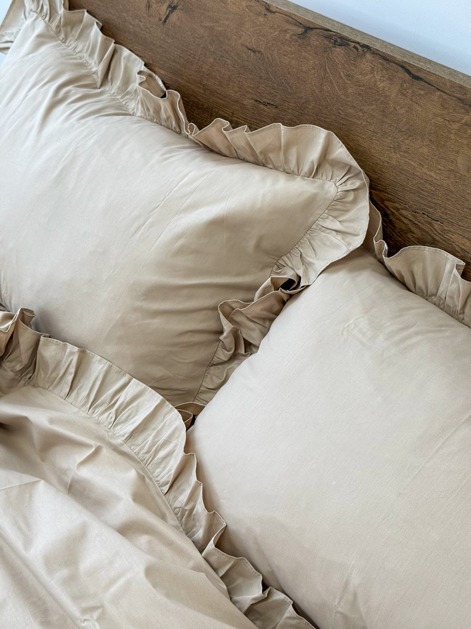 Beige Cotton Ranforce Ruffle Bedding Set