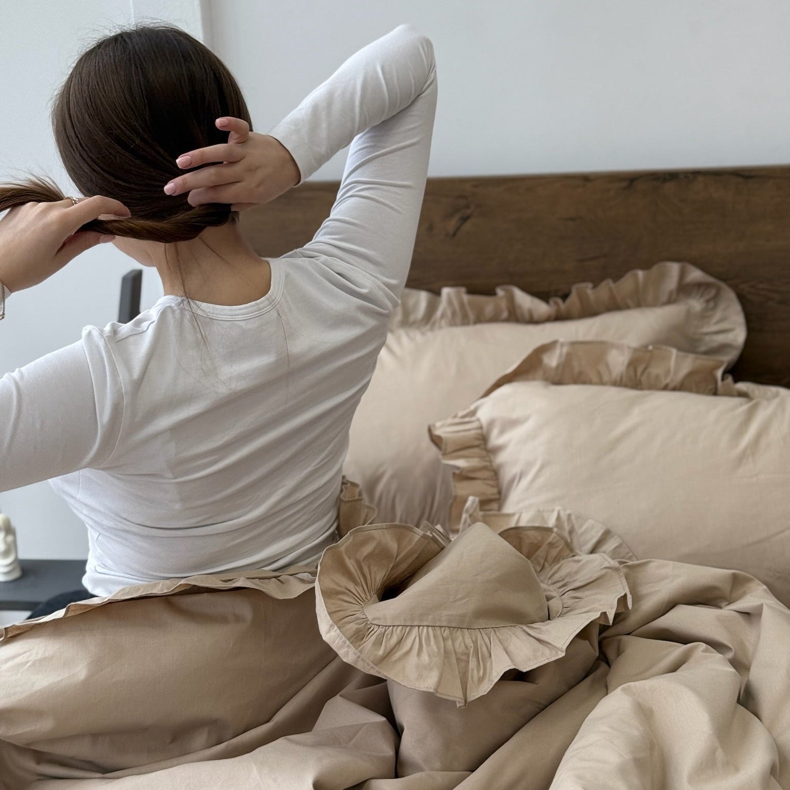 Beige Cotton Ranforce Ruffle Bedding Set