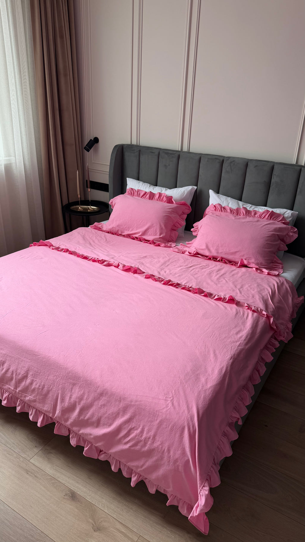 Pink Washed Cotton Ruffle Bedding Set