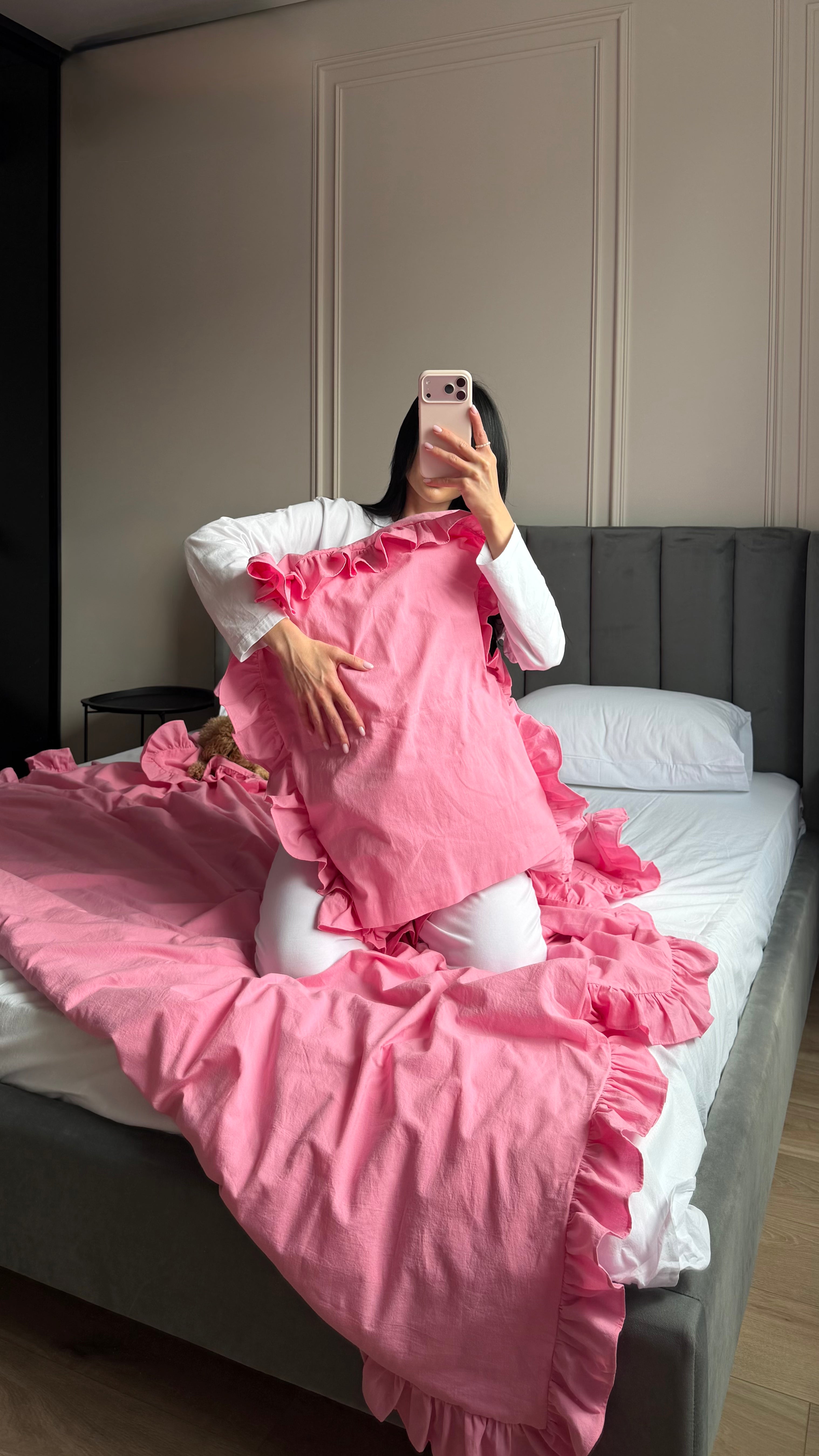 Pink Washed Cotton Ruffle Bedding Set