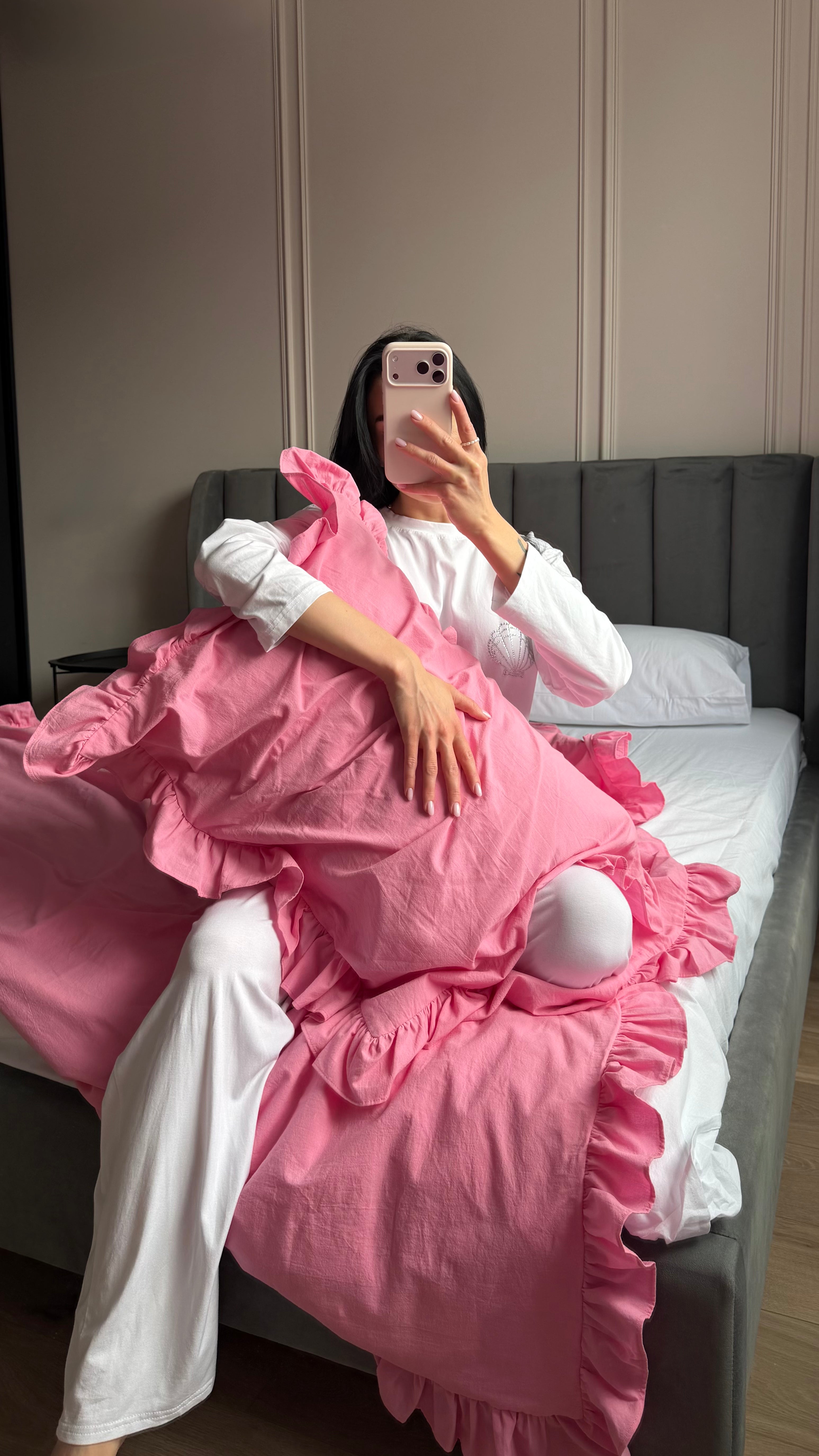 Pink Washed Cotton Ruffle Bedding Set