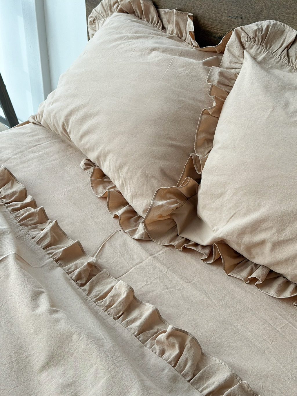 Beige Washed Cotton Ruffle Bedding Set | Neutral Cozy | Handmade | Made to Order