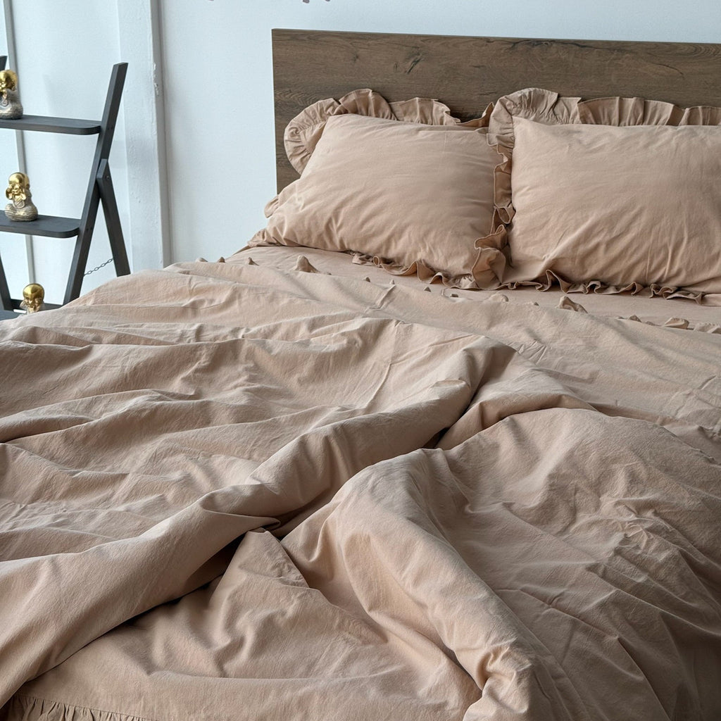 Beige Washed Cotton Ruffle Bedding Set | Neutral Cozy | Handmade | Made to Order