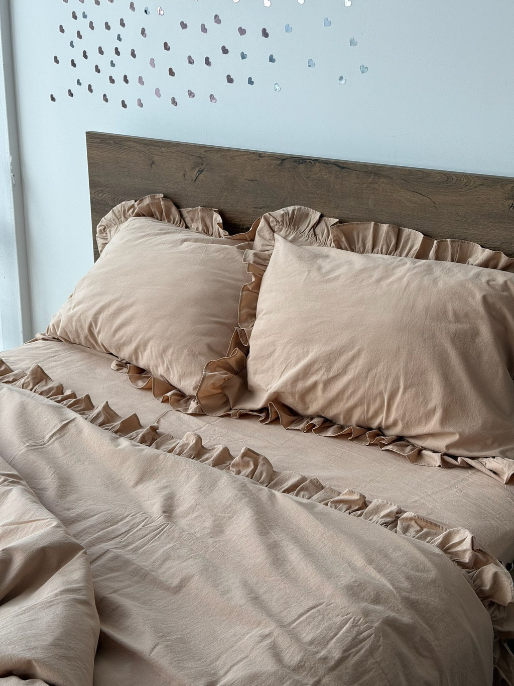 Beige Washed Cotton Ruffle Bedding Set | Neutral Cozy | Handmade | Made to Order