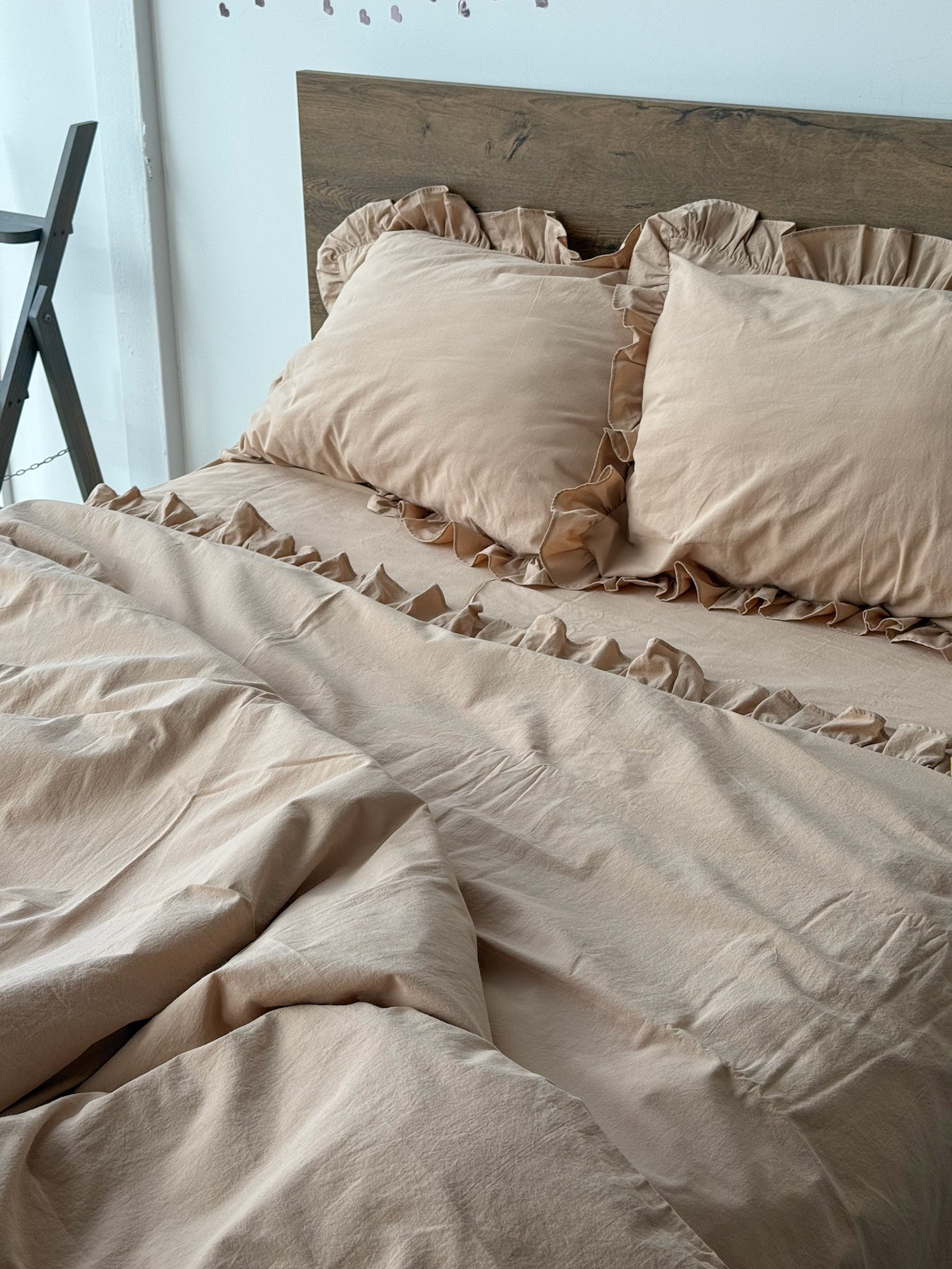 Beige Washed Cotton Ruffle Bedding Set | Neutral Cozy | Handmade | Made to Order