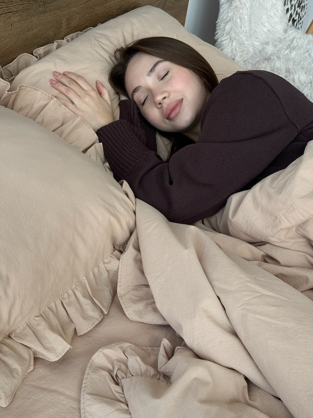 Beige Washed Cotton Ruffle Bedding Set | Neutral Cozy | Handmade | Made to Order