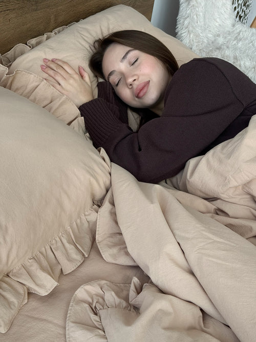 Beige Washed Cotton Ruffle Bedding Set | Neutral Cozy | Handmade | Made to Order