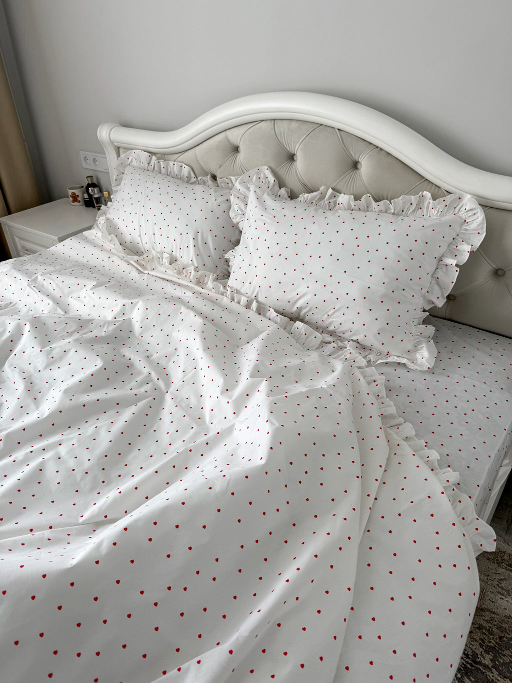 White Cotton Ranforce Ruffle Bedding Set with Red Hearts