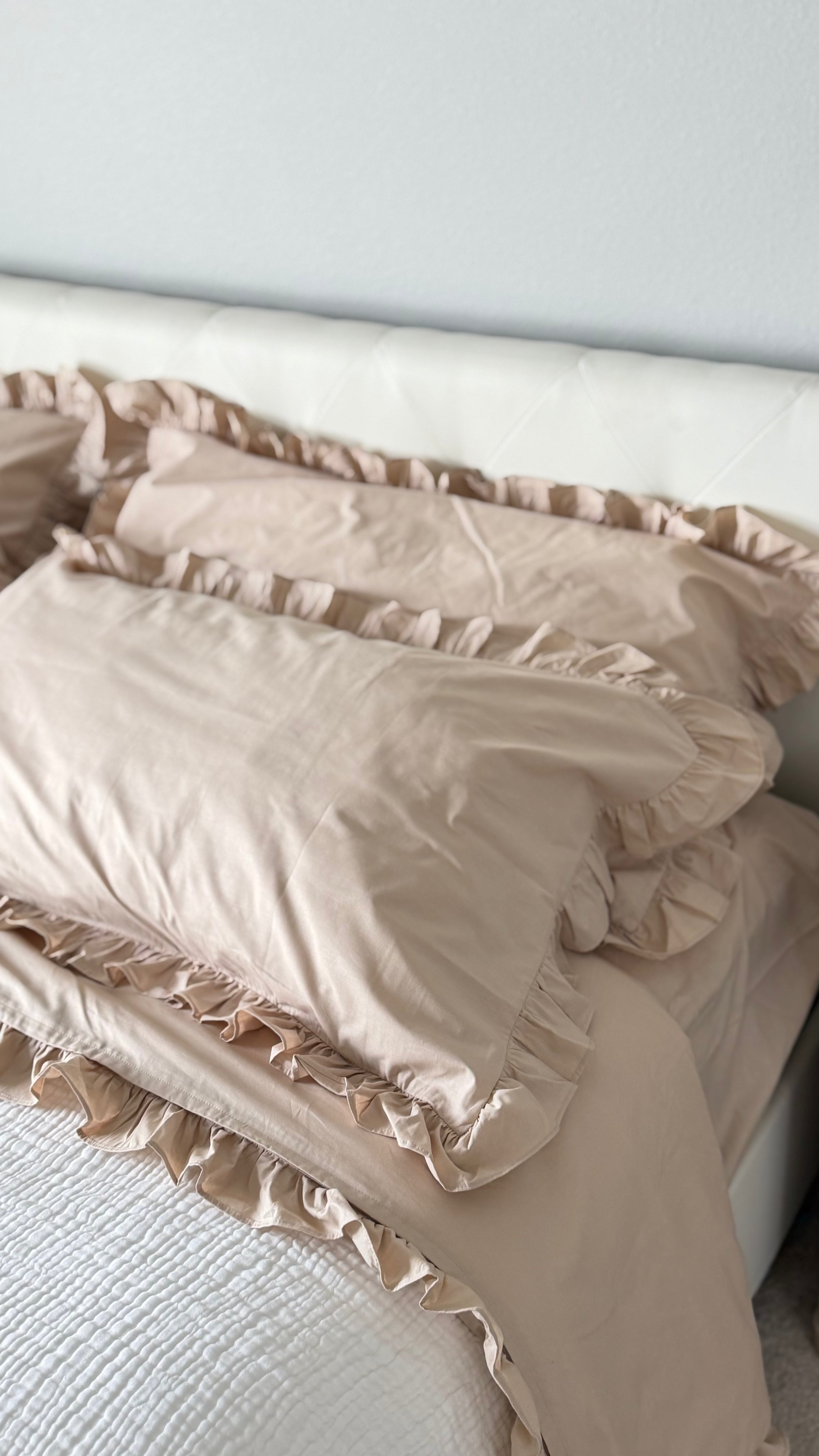Beige Cotton Ranforce Ruffle Bedding Set