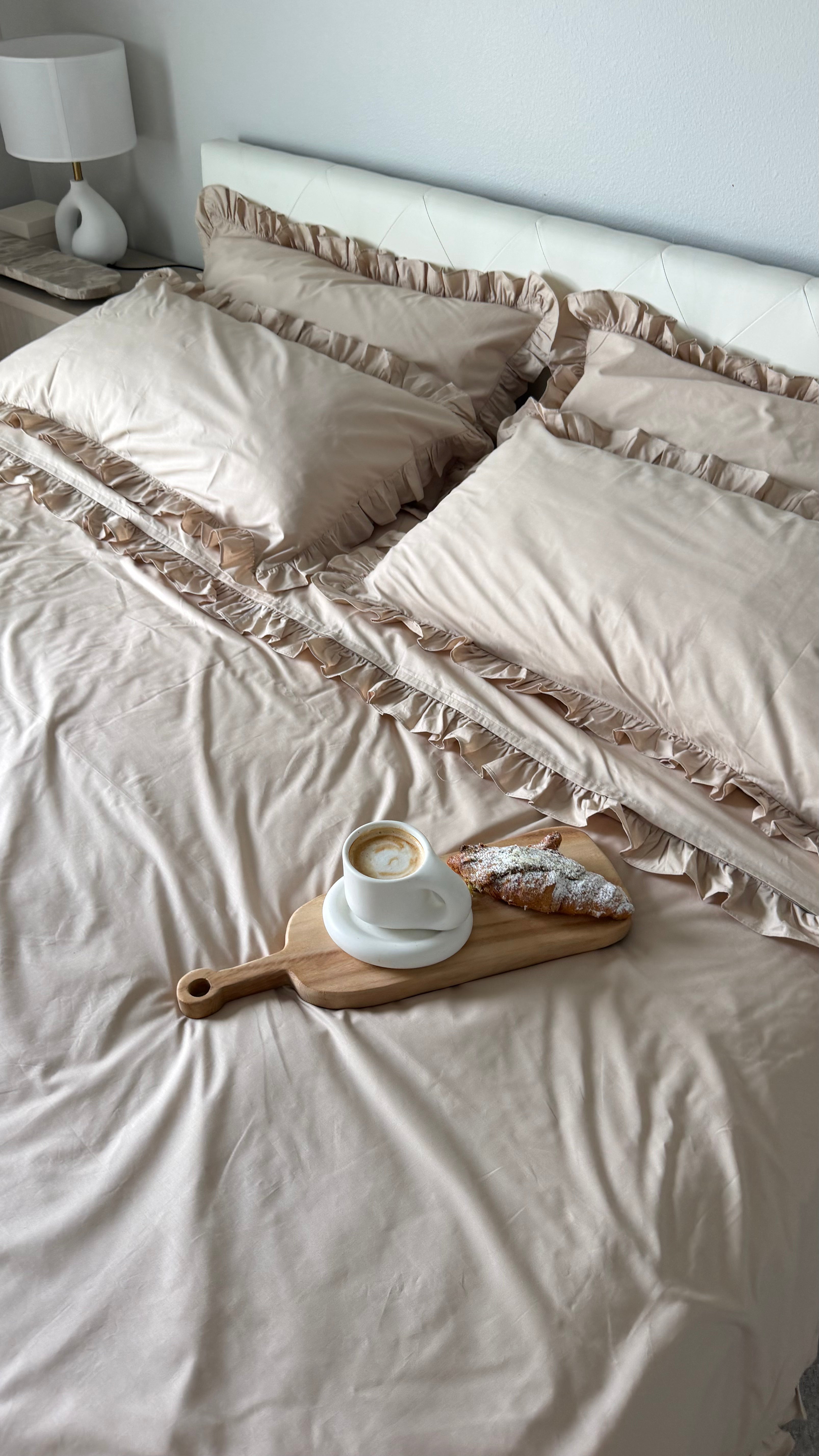 Beige Cotton Ranforce Ruffle Bedding Set