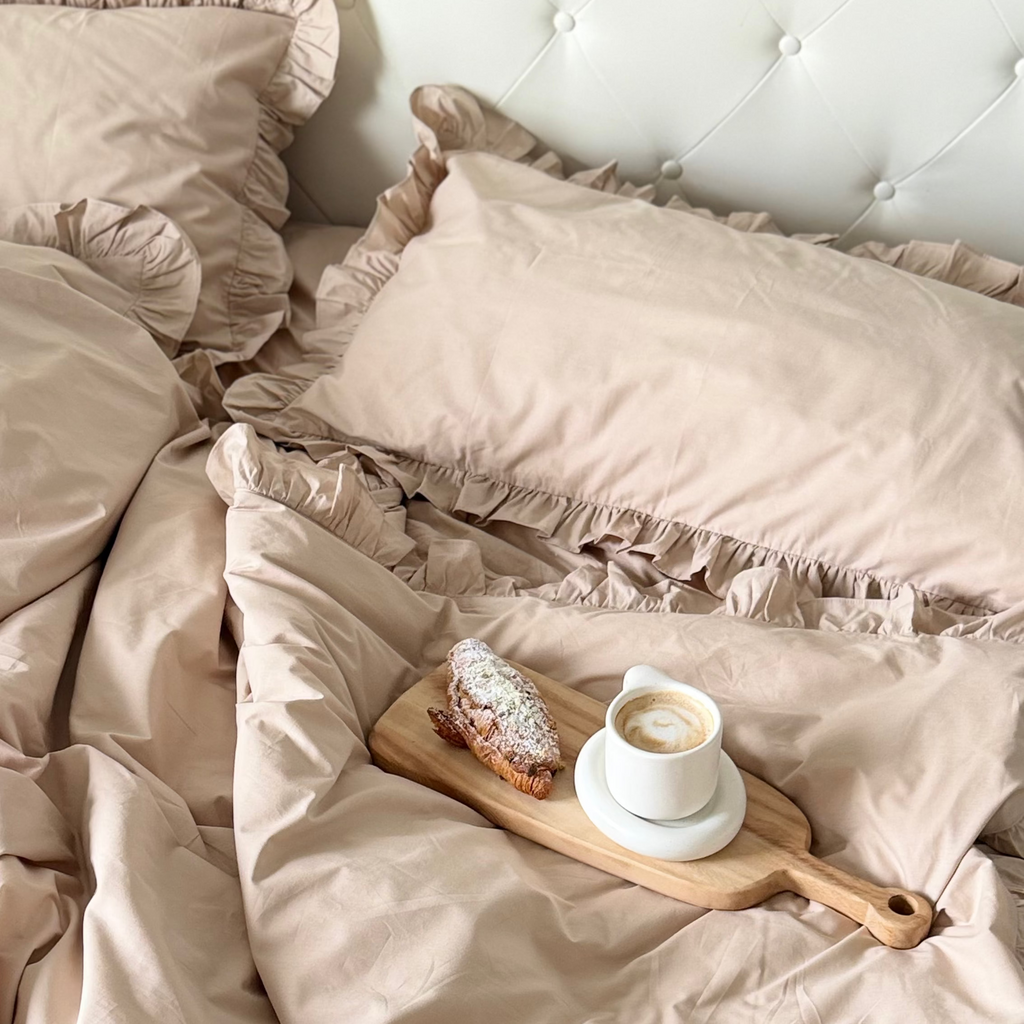 Beige Cotton Ranforce Ruffle Bedding Set