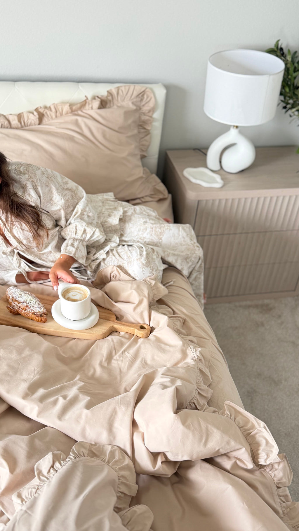 Beige Cotton Ranforce Ruffle Bedding Set