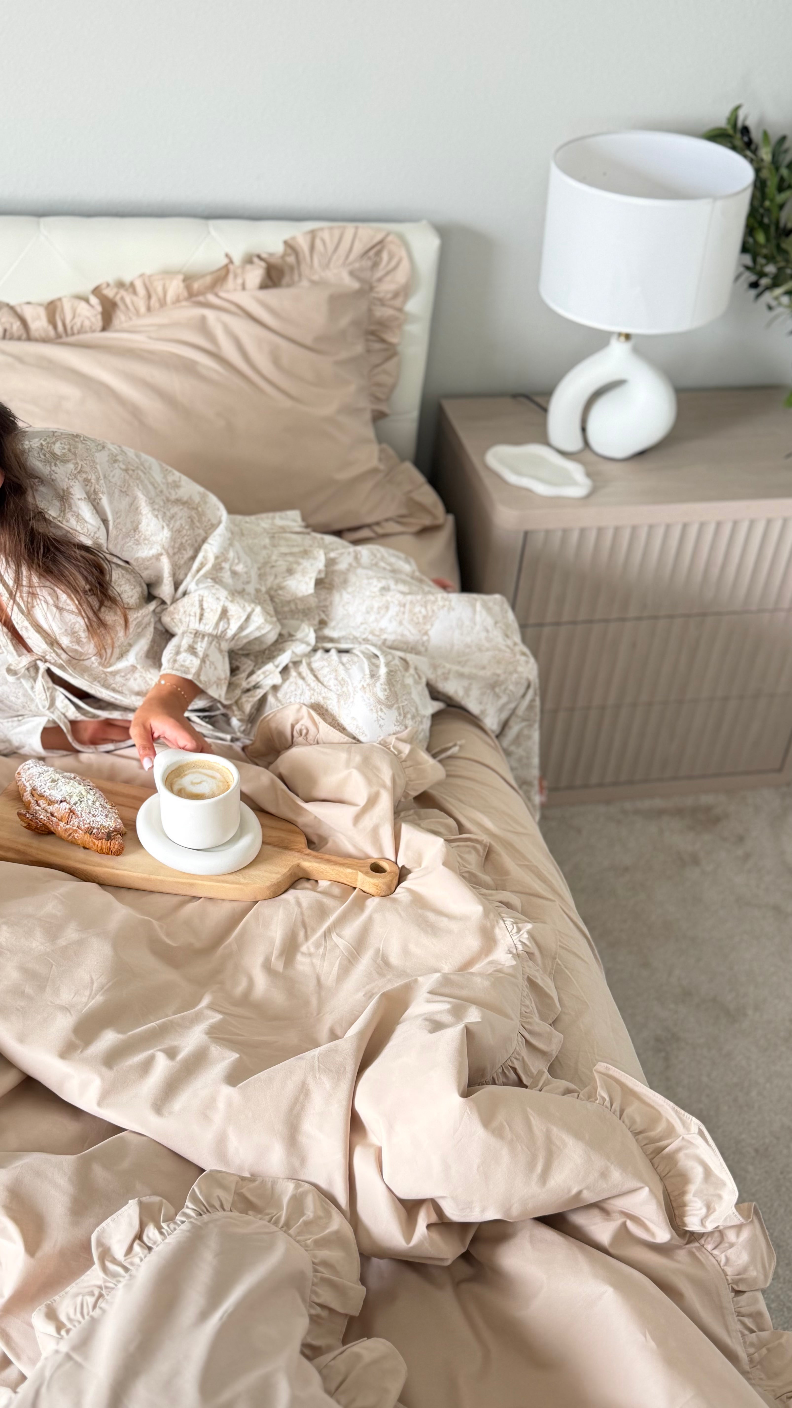 Beige Cotton Ranforce Ruffle Bedding Set