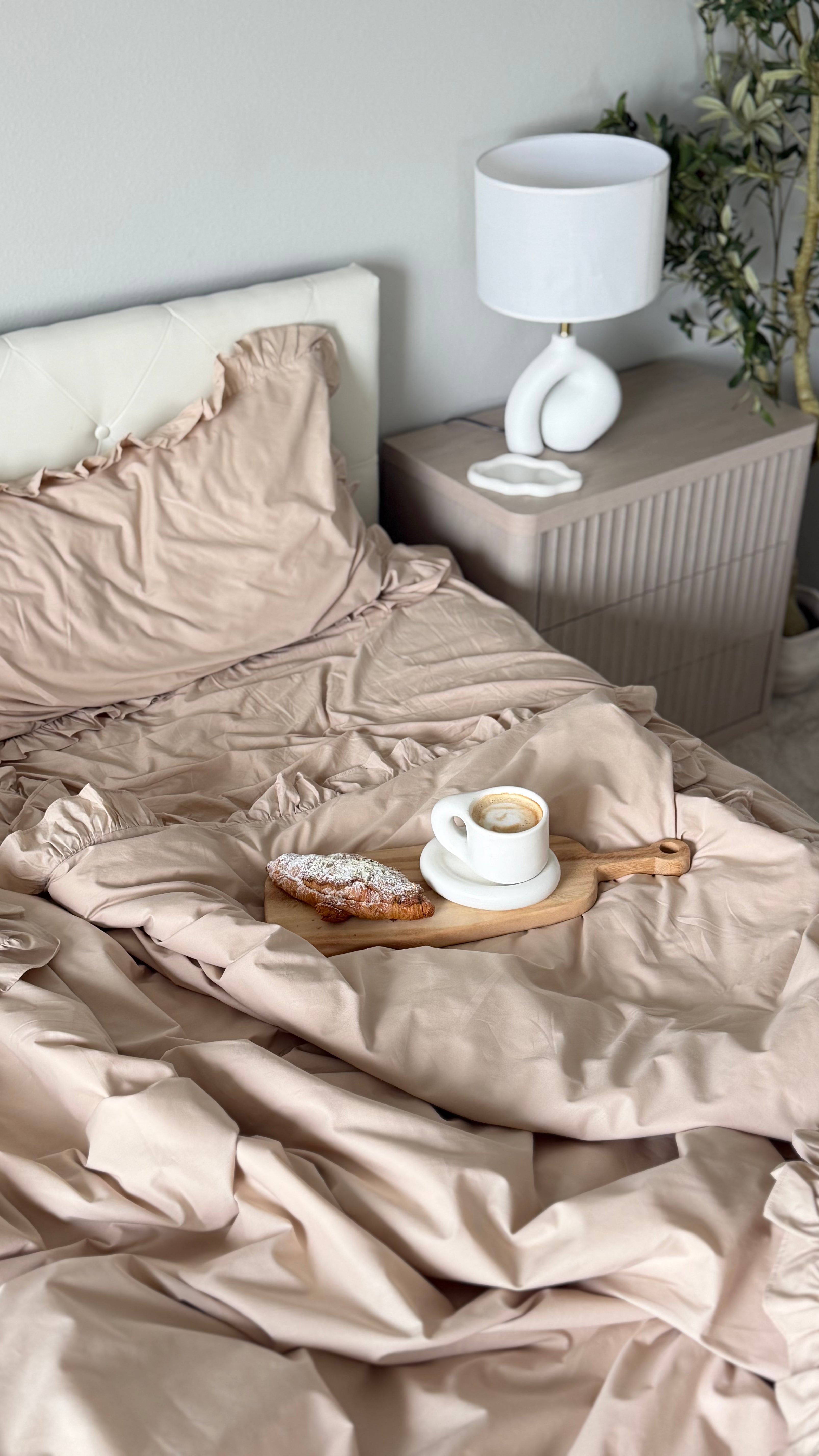 Beige Cotton Ranforce Ruffle Bedding Set
