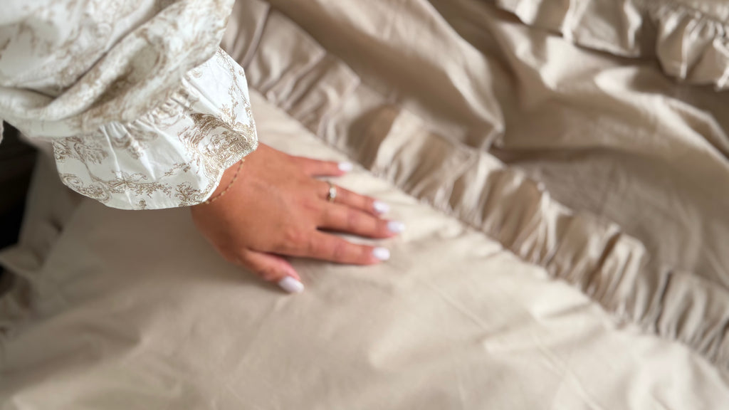 Beige Cotton Ranforce Ruffle Bedding Set
