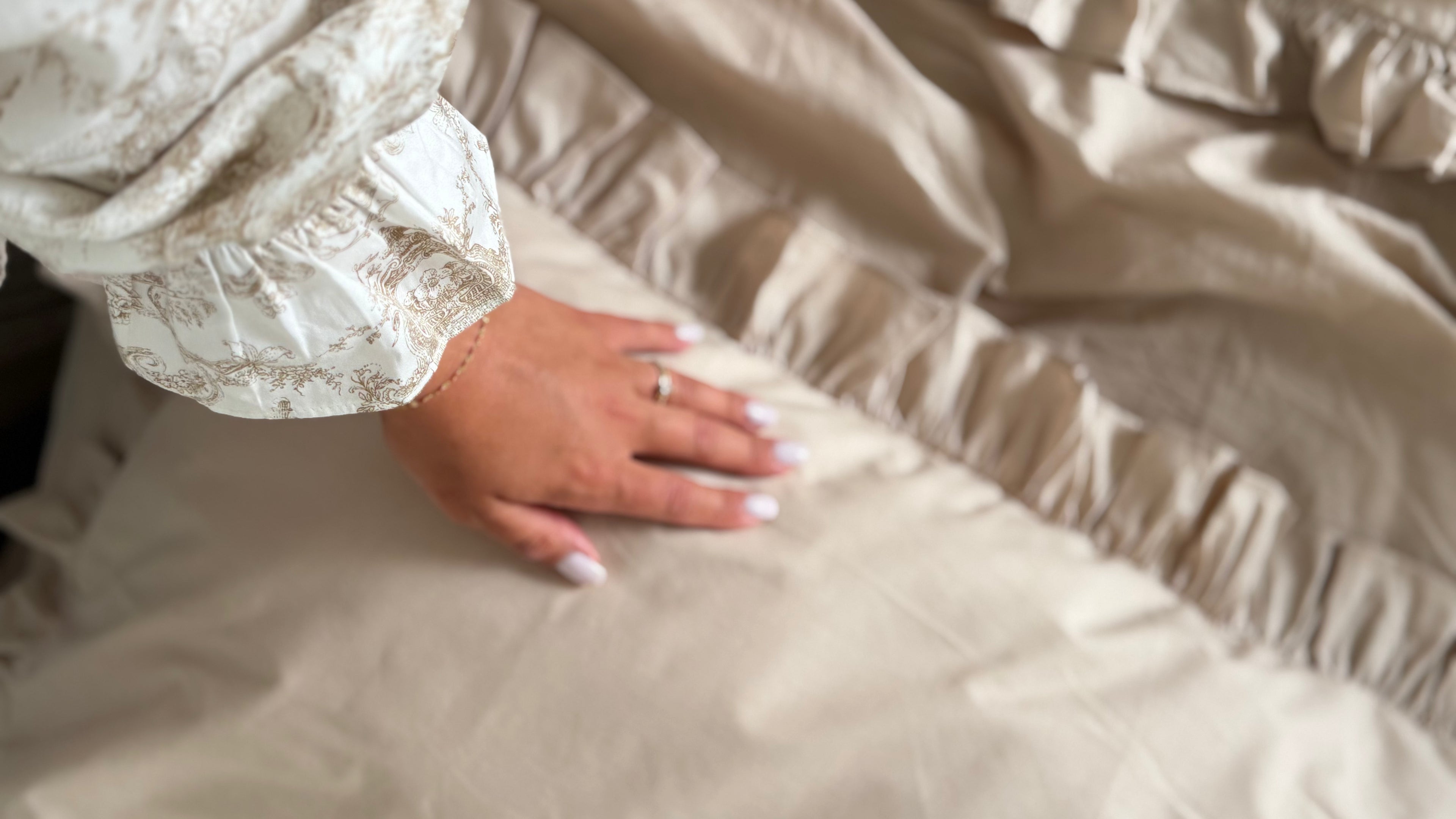 Beige Cotton Ranforce Ruffle Bedding Set