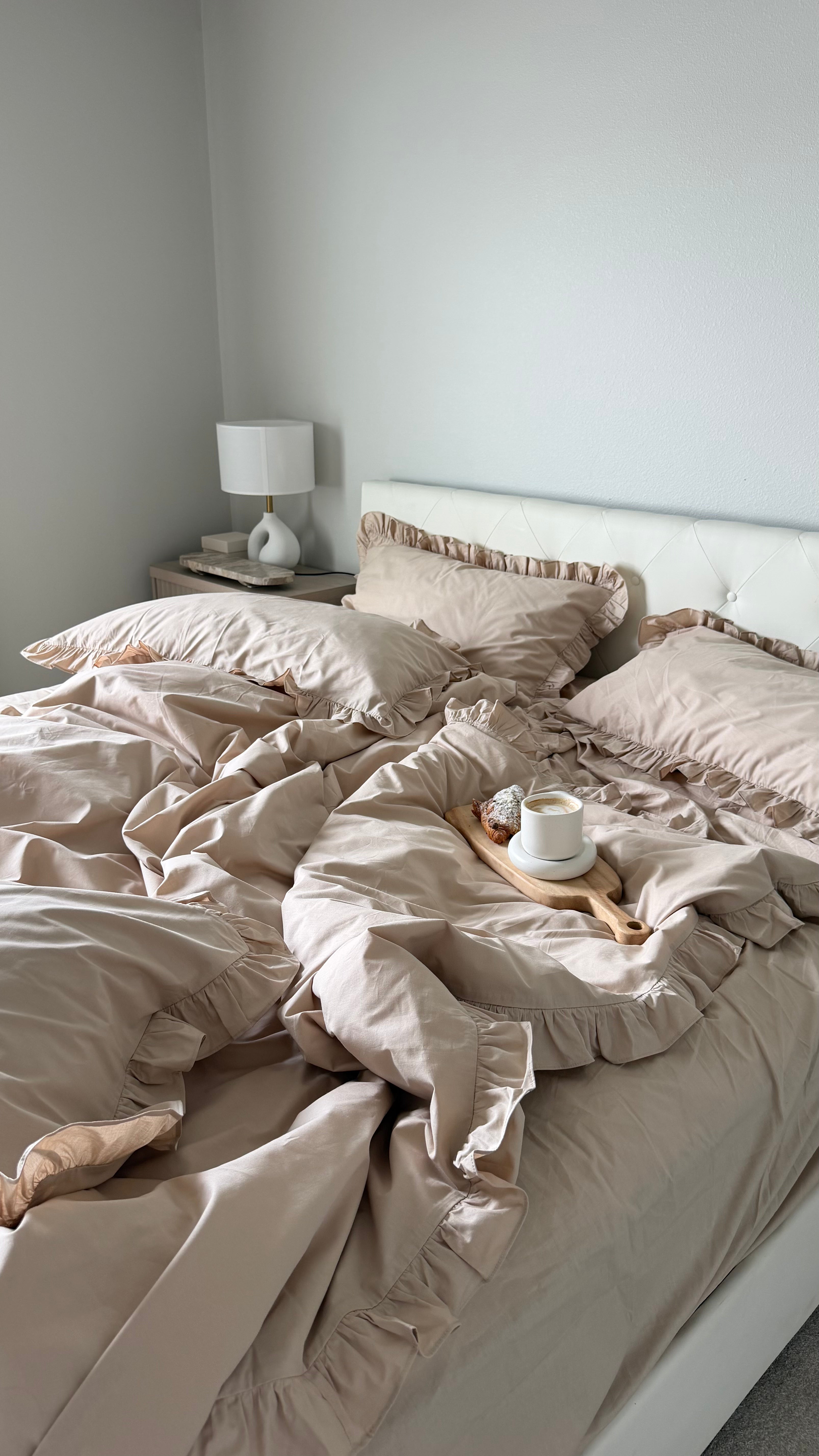 Beige Cotton Ranforce Ruffle Bedding Set