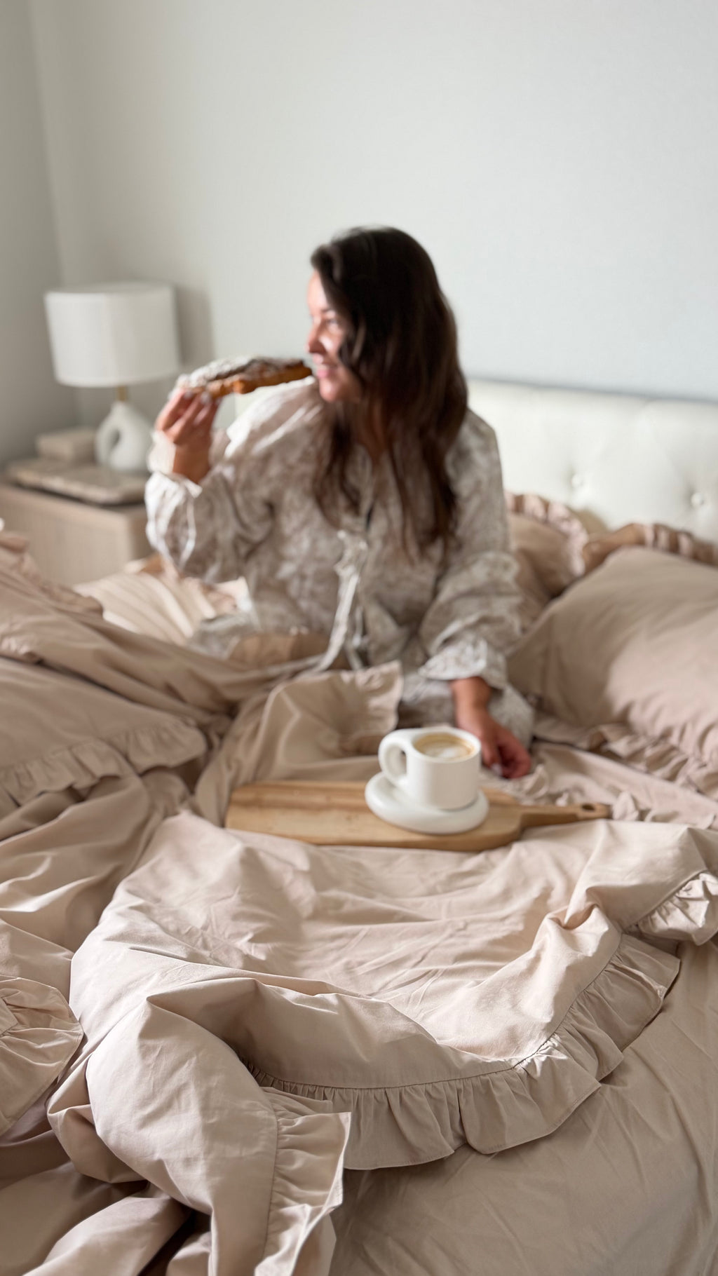 Beige Cotton Ranforce Ruffle Bedding Set