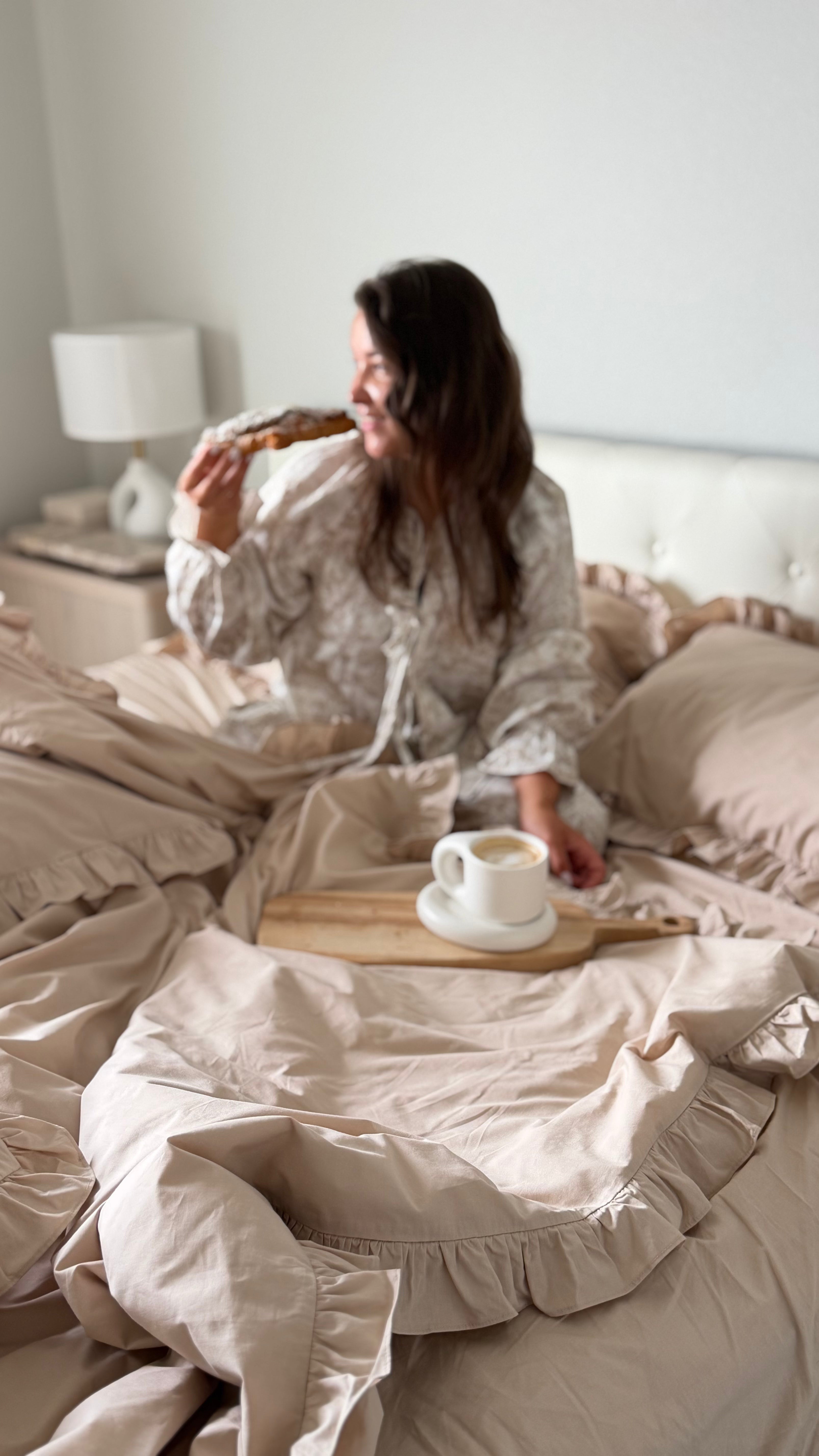 Beige Cotton Ranforce Ruffle Bedding Set