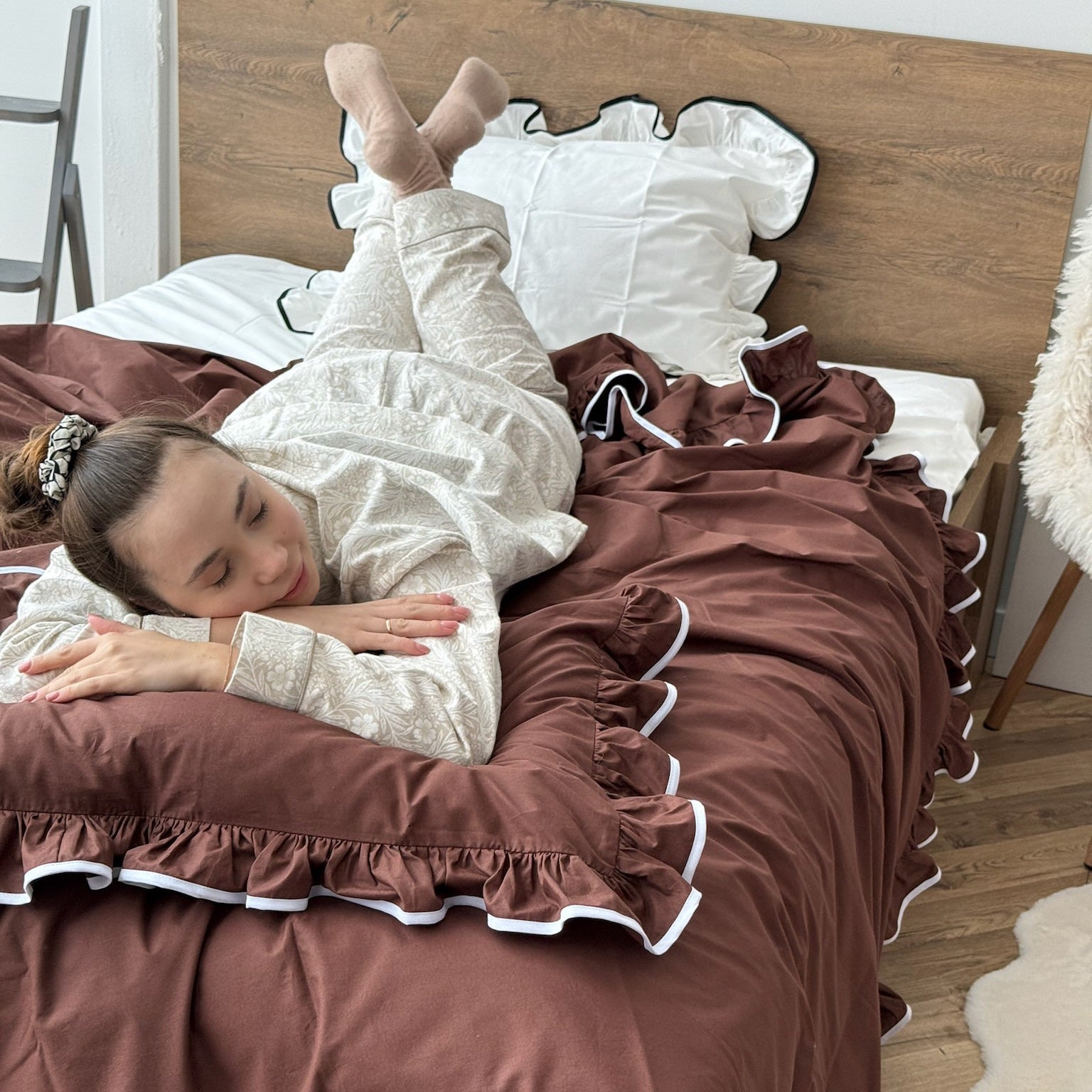 Brown Ruffle Bedding Set with White Trim