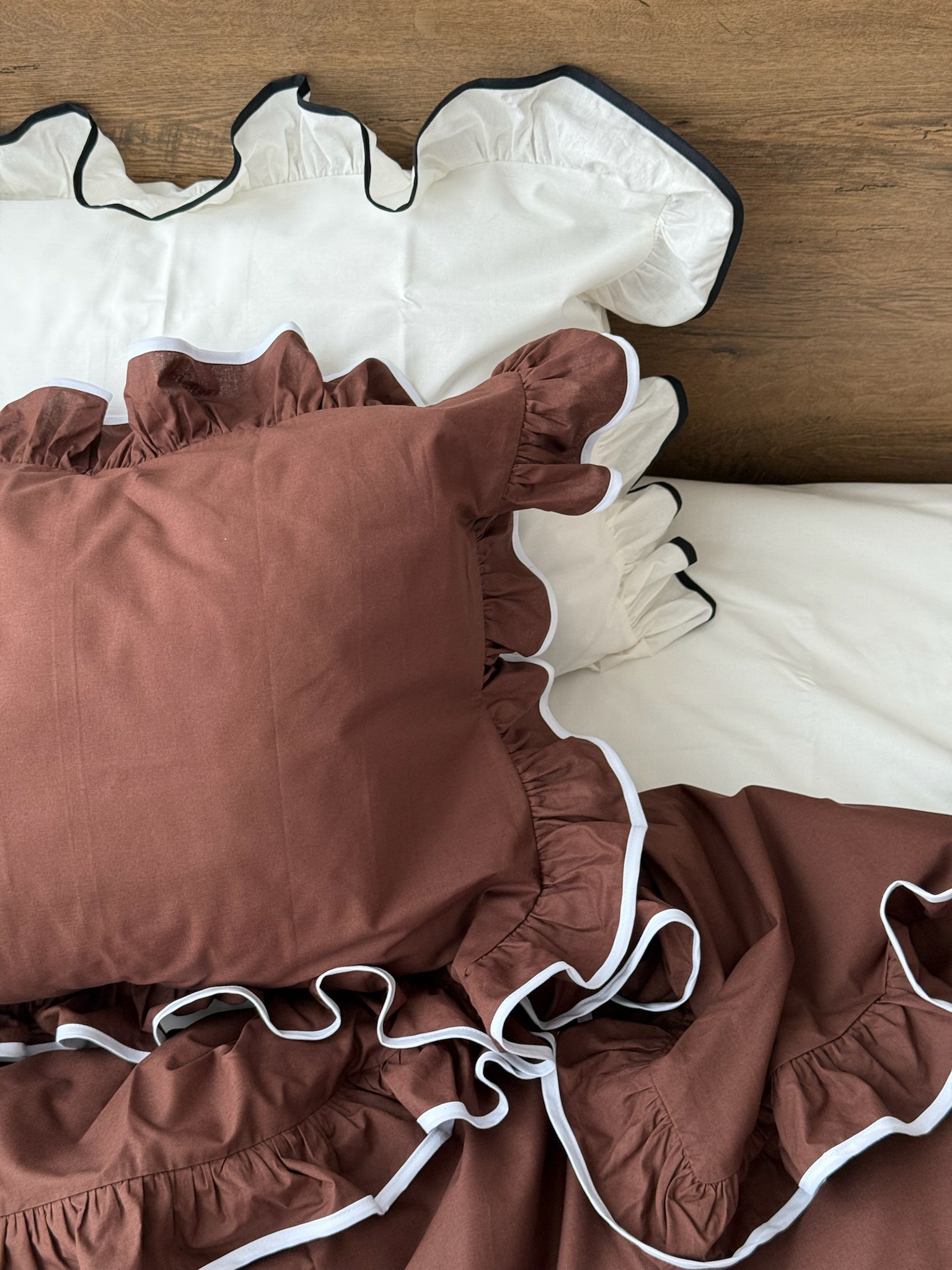 Brown Ruffle Bedding Set with White Trim