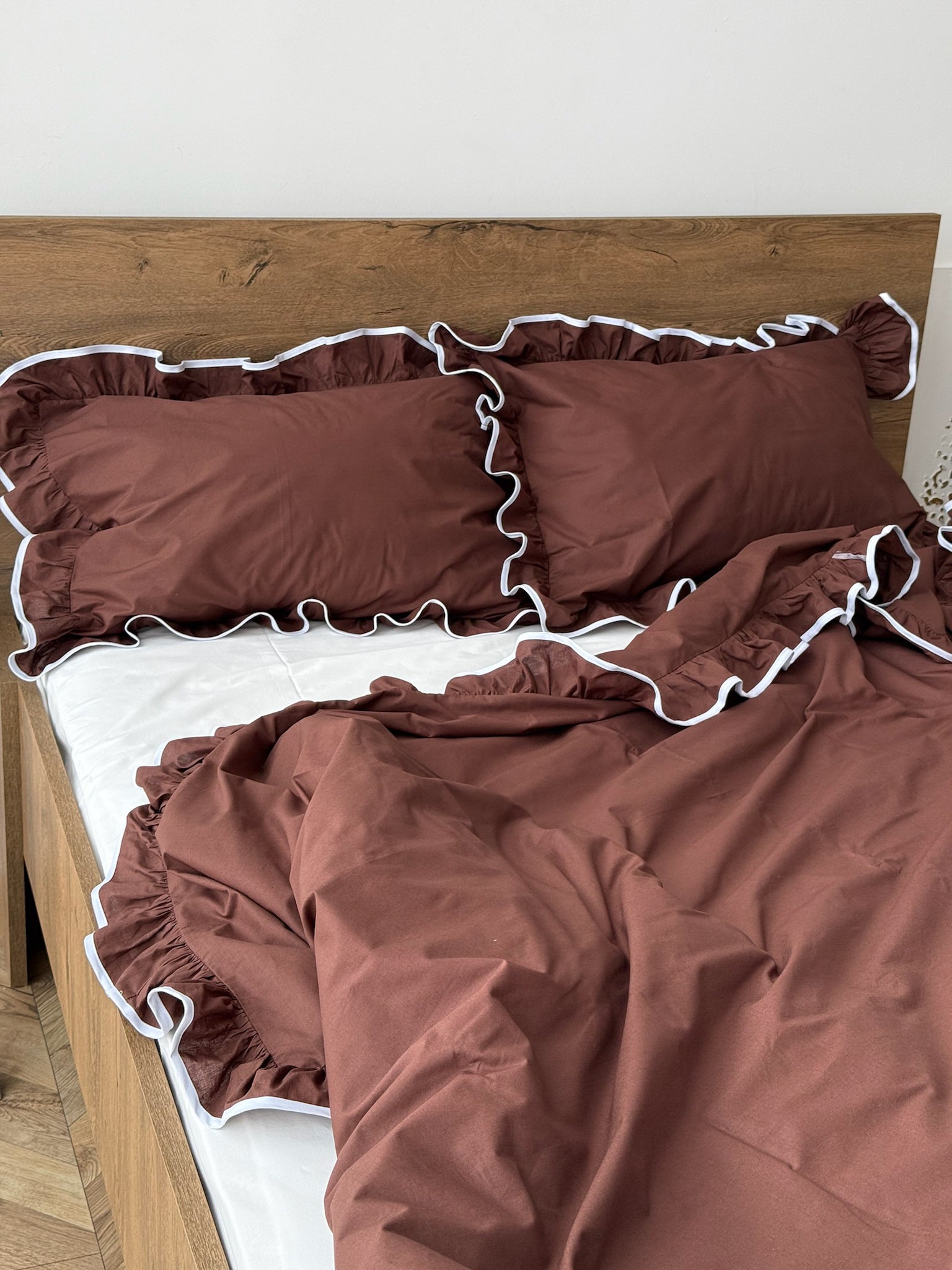 Brown Ruffle Bedding Set with White Trim