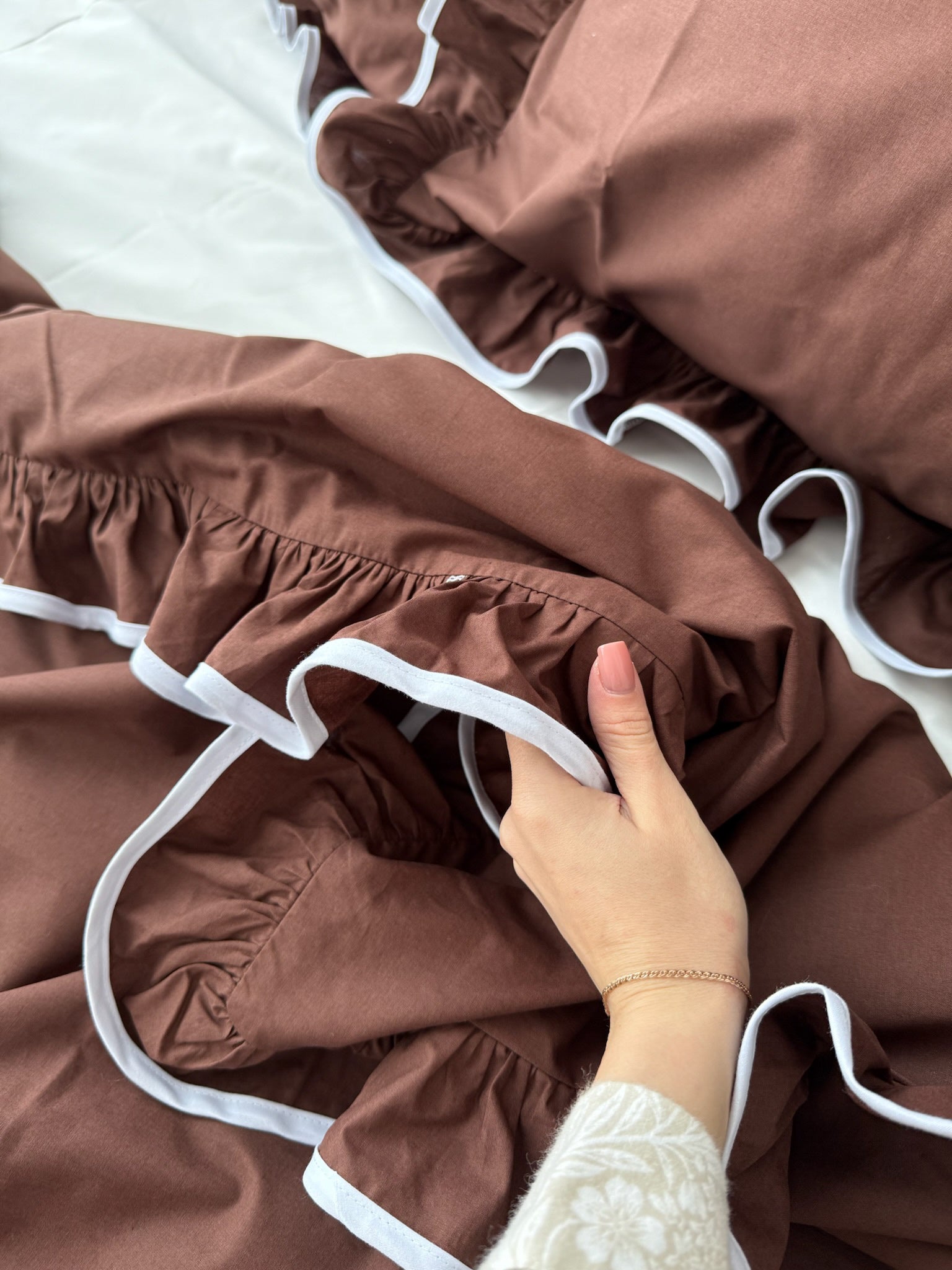 Brown Ruffle Bedding Set with White Trim