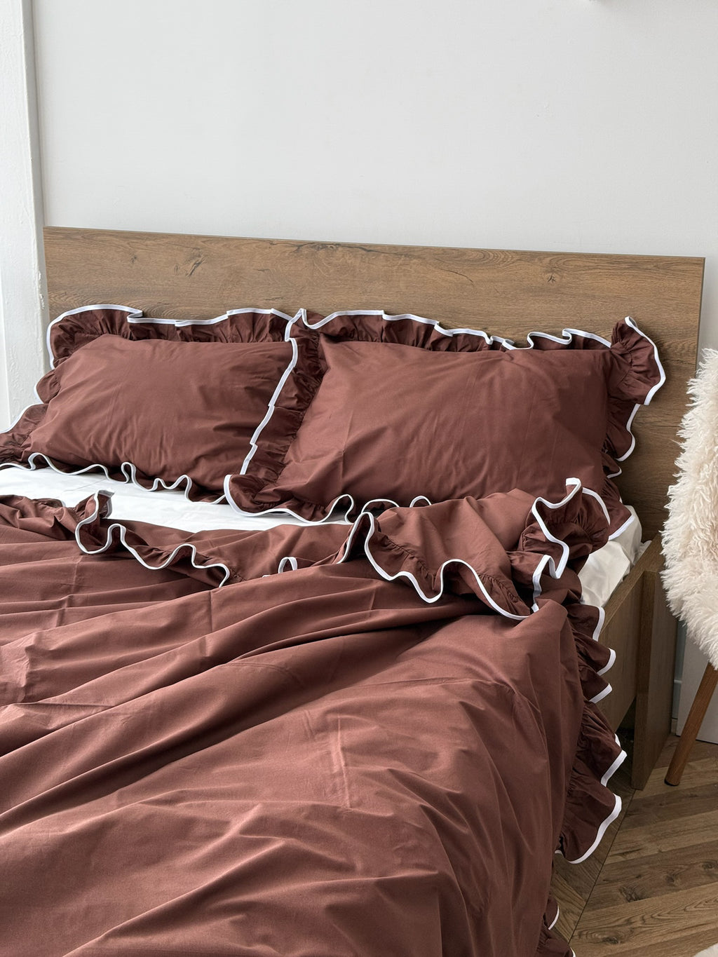 Brown Ruffle Bedding Set with White Trim