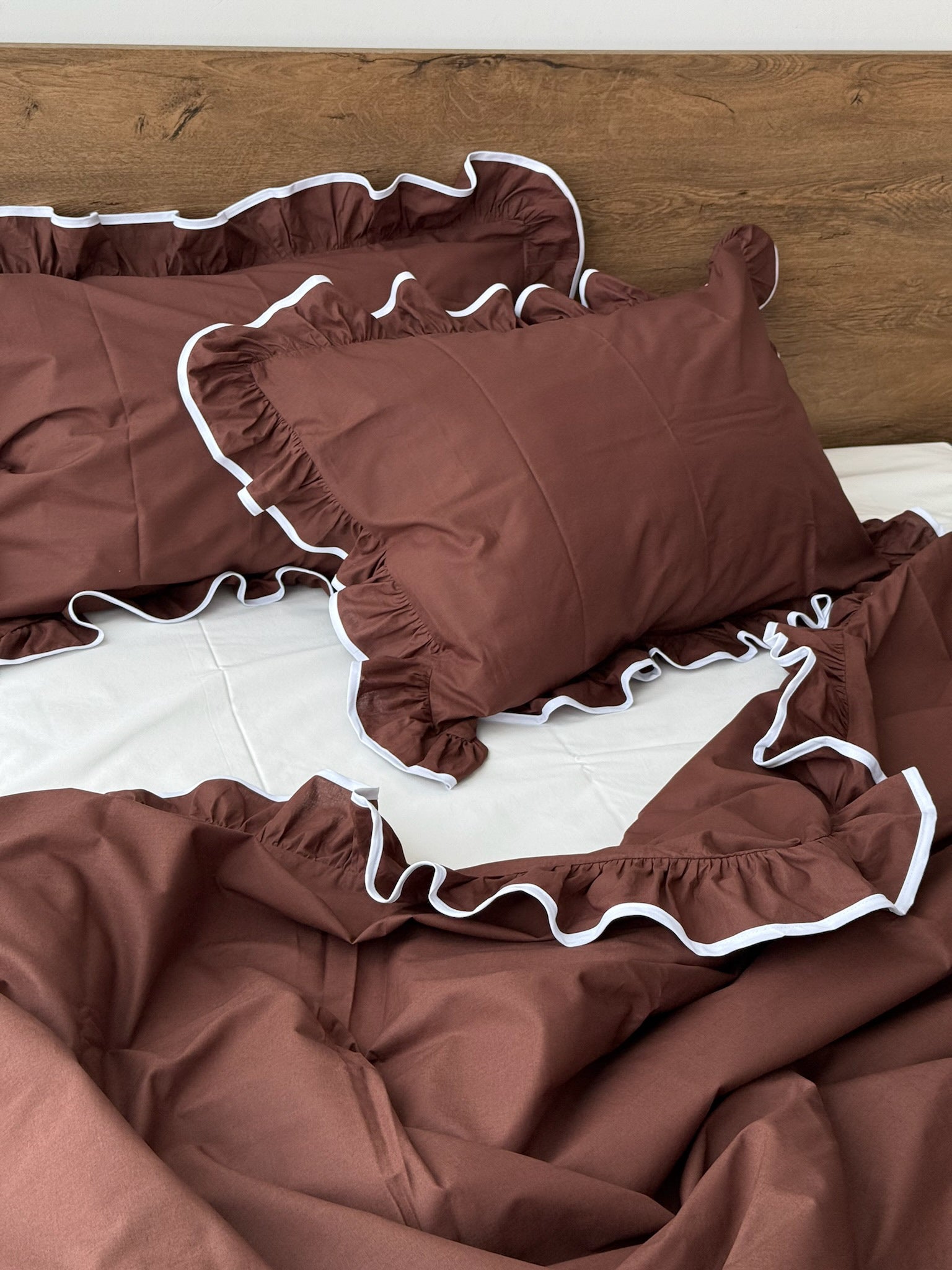 Brown Ruffle Bedding Set with White Trim