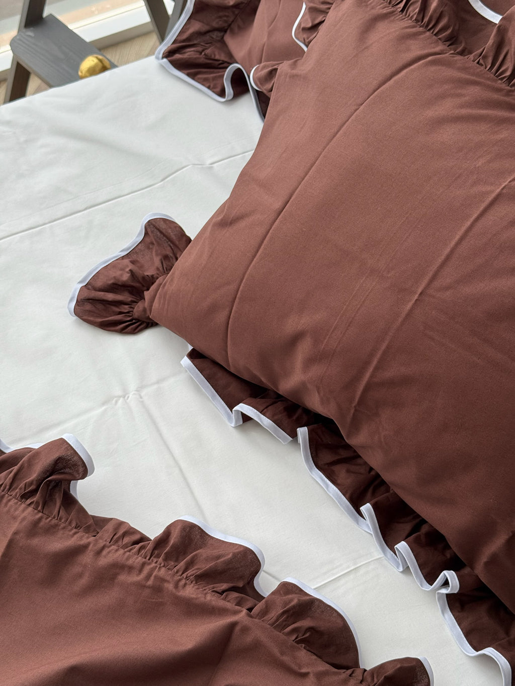 Brown Ruffle Bedding Set with White Trim