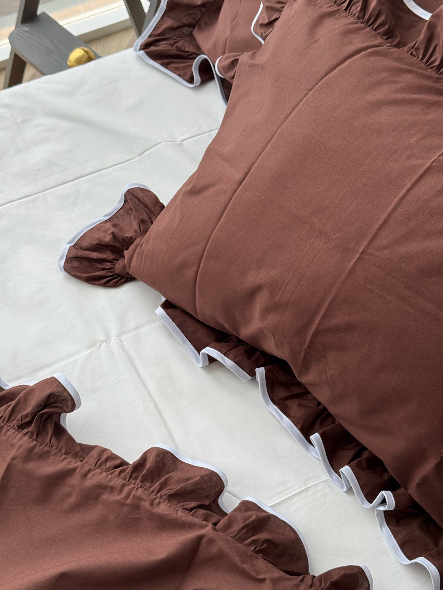 Brown Ruffle Bedding Set with White Trim