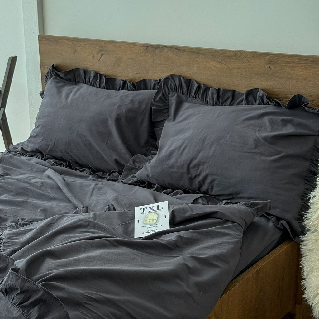 Graphite Washed Cotton Ruffle Bedding Set