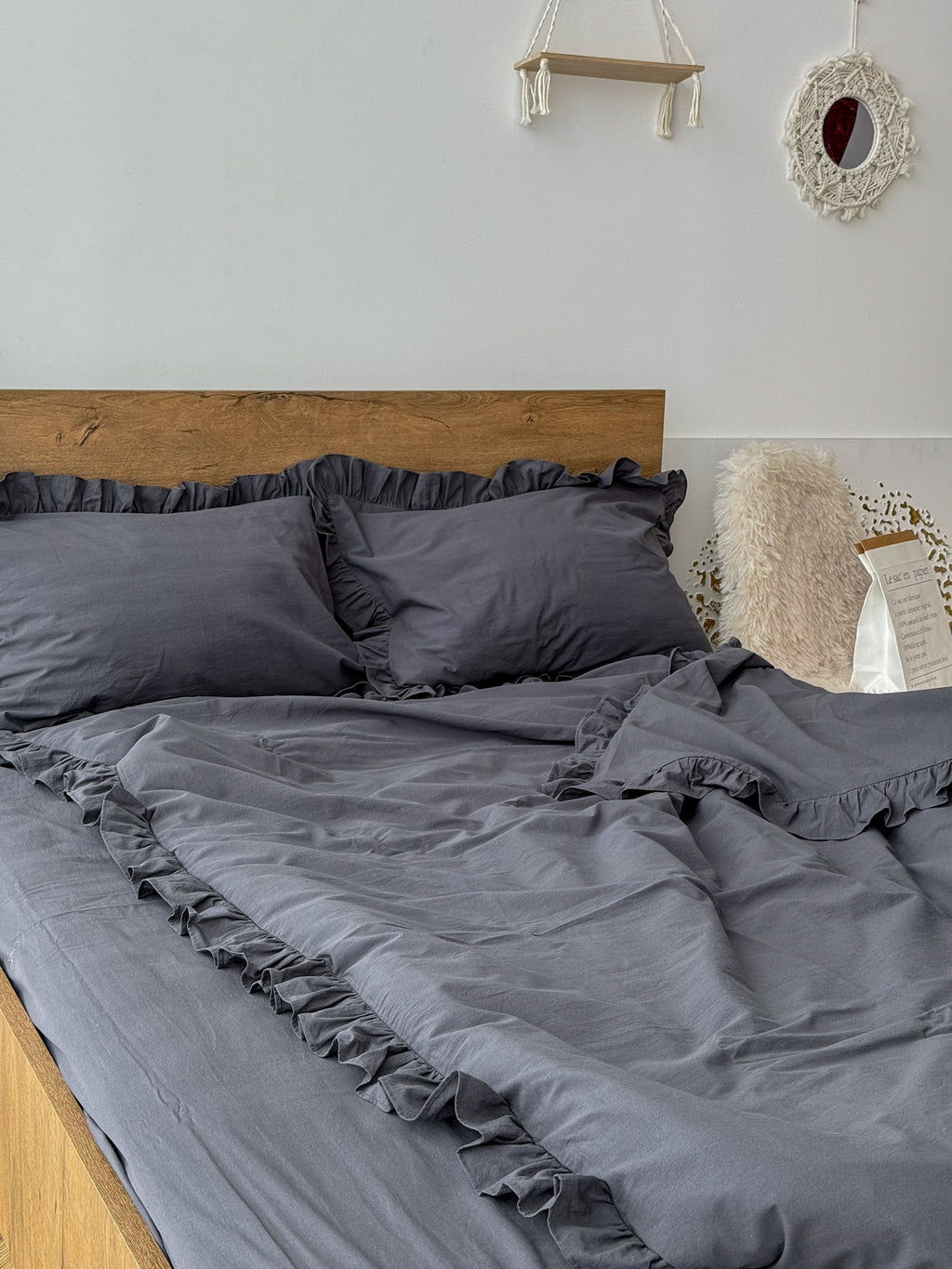 Graphite Washed Cotton Ruffle Bedding Set