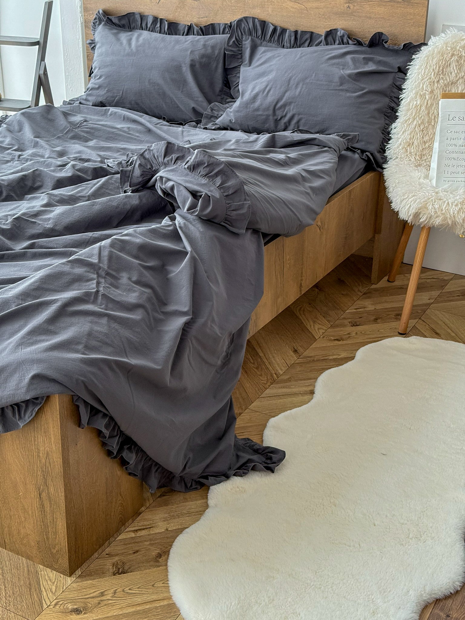 Graphite Washed Cotton Ruffle Bedding Set