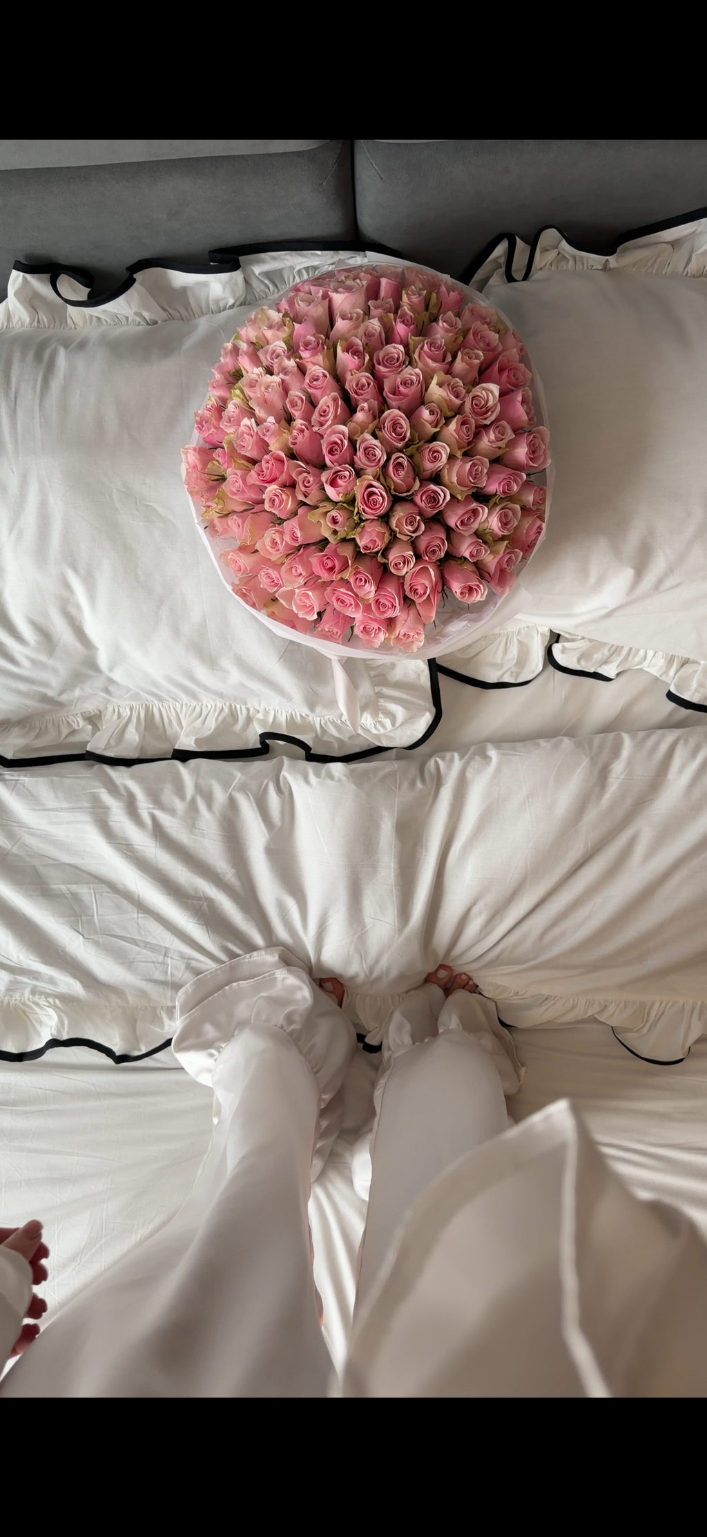 White Ruffle Bedding Set with Black Trim | 100% Cotton | Handmade | Made to Order