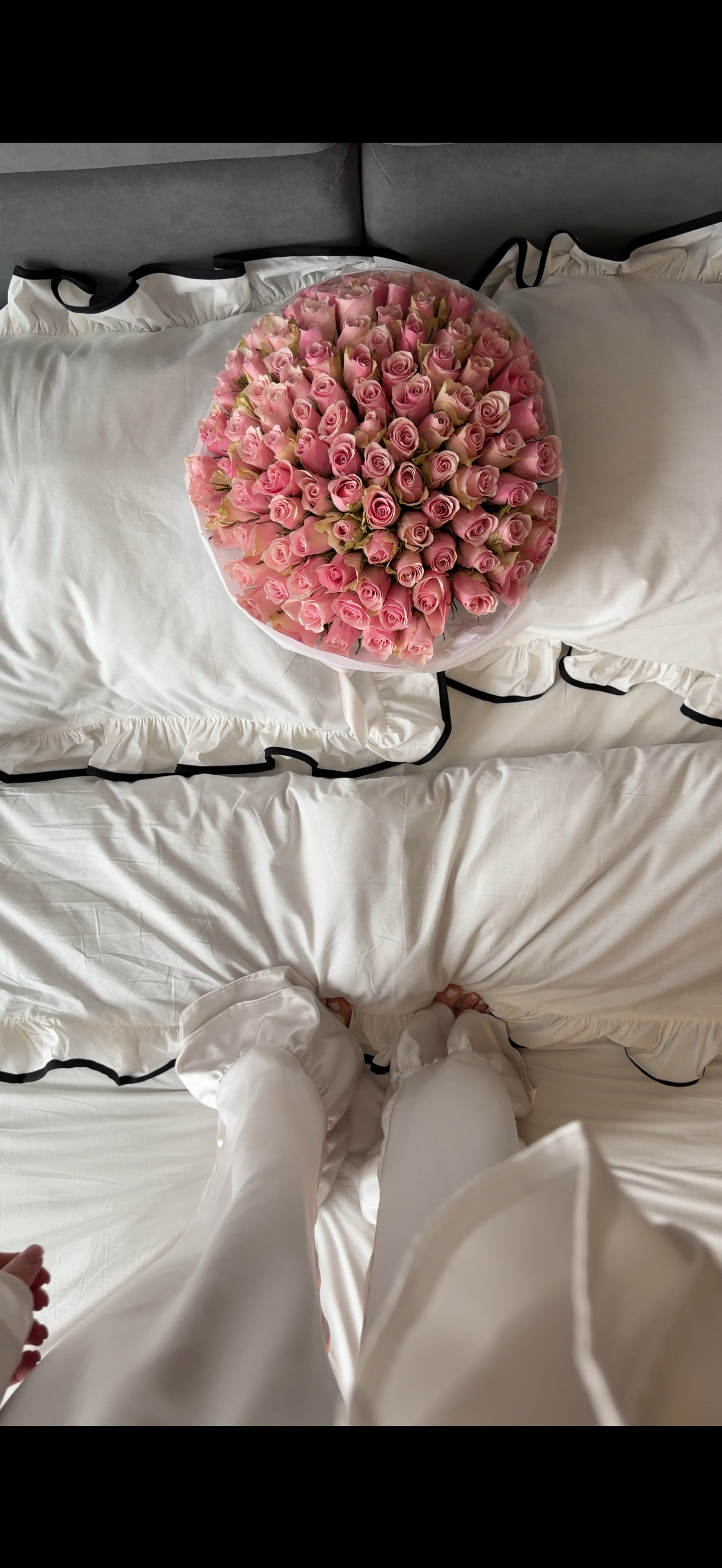 White Ruffle Bedding Set with Black Trim | 100% Cotton | Handmade | Made to Order