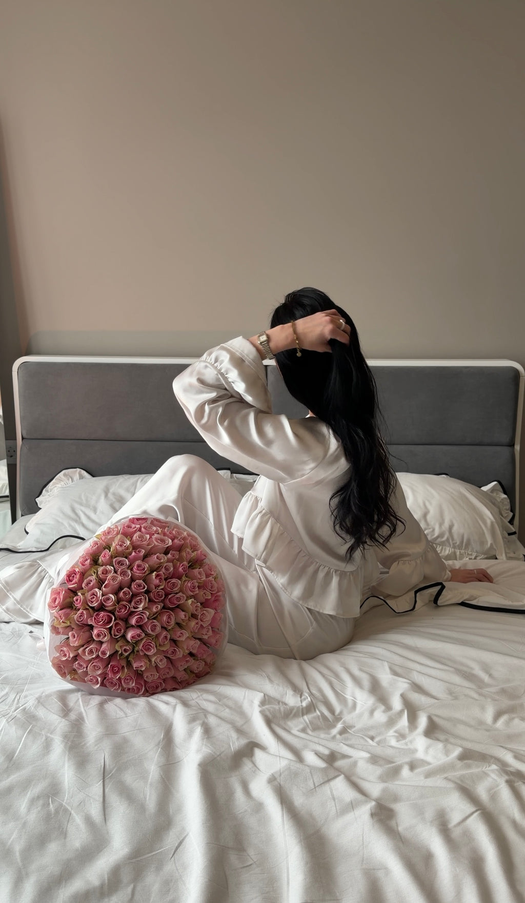 White Ruffle Bedding Set with Black Trim | 100% Cotton | Handmade | Made to Order